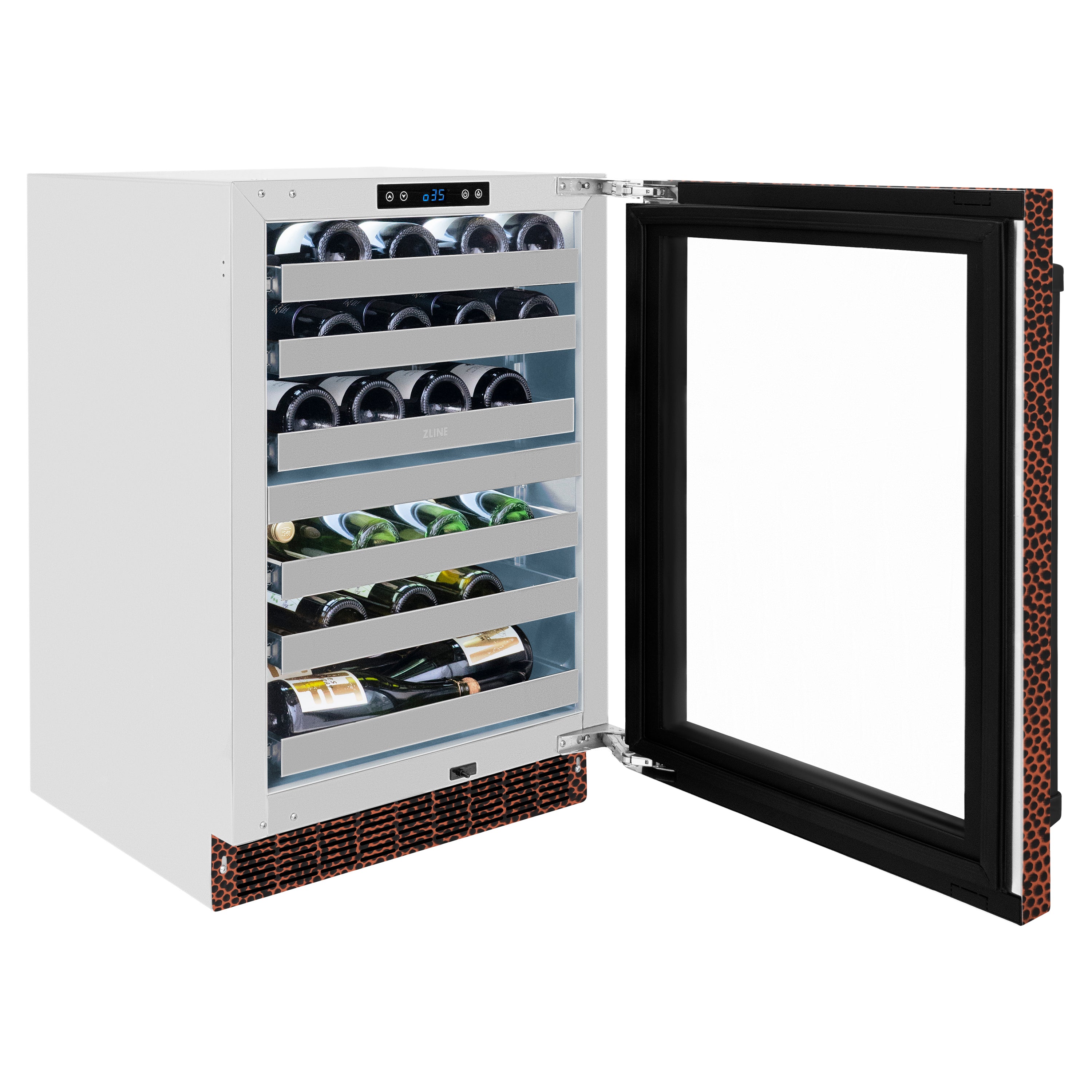 ZLINE 24 in. Touchstone Dual Zone 44 Bottle Wine Cooler with Hand Hammered Copper Glass Door (RWDO-HH-24)