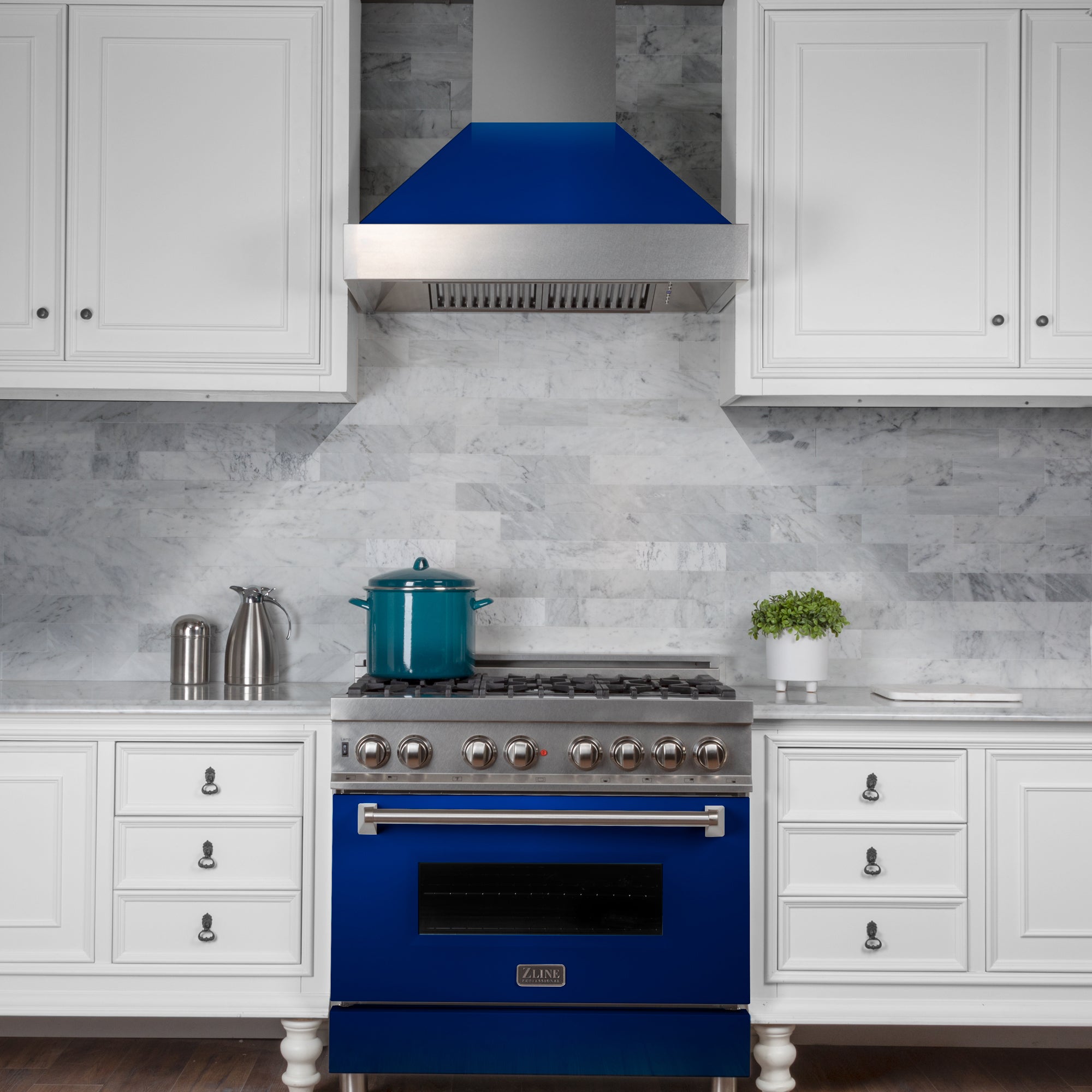 48" Ducted Fingerprint Resistant Stainless Steel Range Hood with Blue Gloss Shell (8654BG-48)