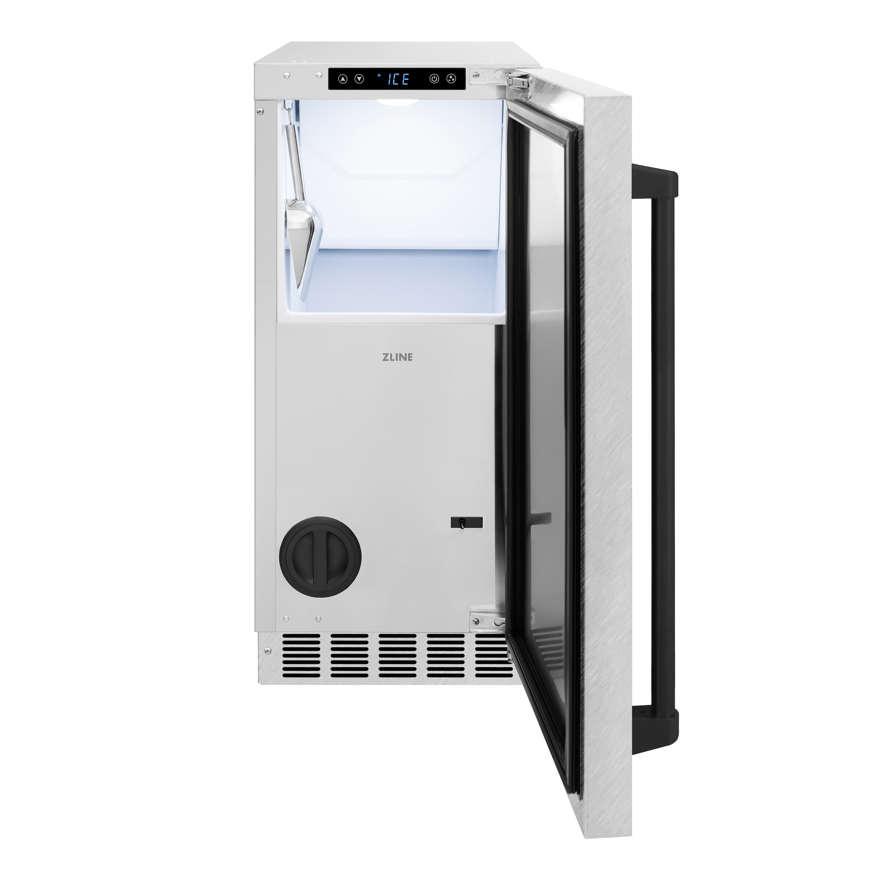 ZLINE Autograph Edition 15 in. Touchstone Clear Cube Ice Maker with Drain Pump and Satin Stainless Steel Door with Matte Black Handle (ICCDZ-SN-15-MB)