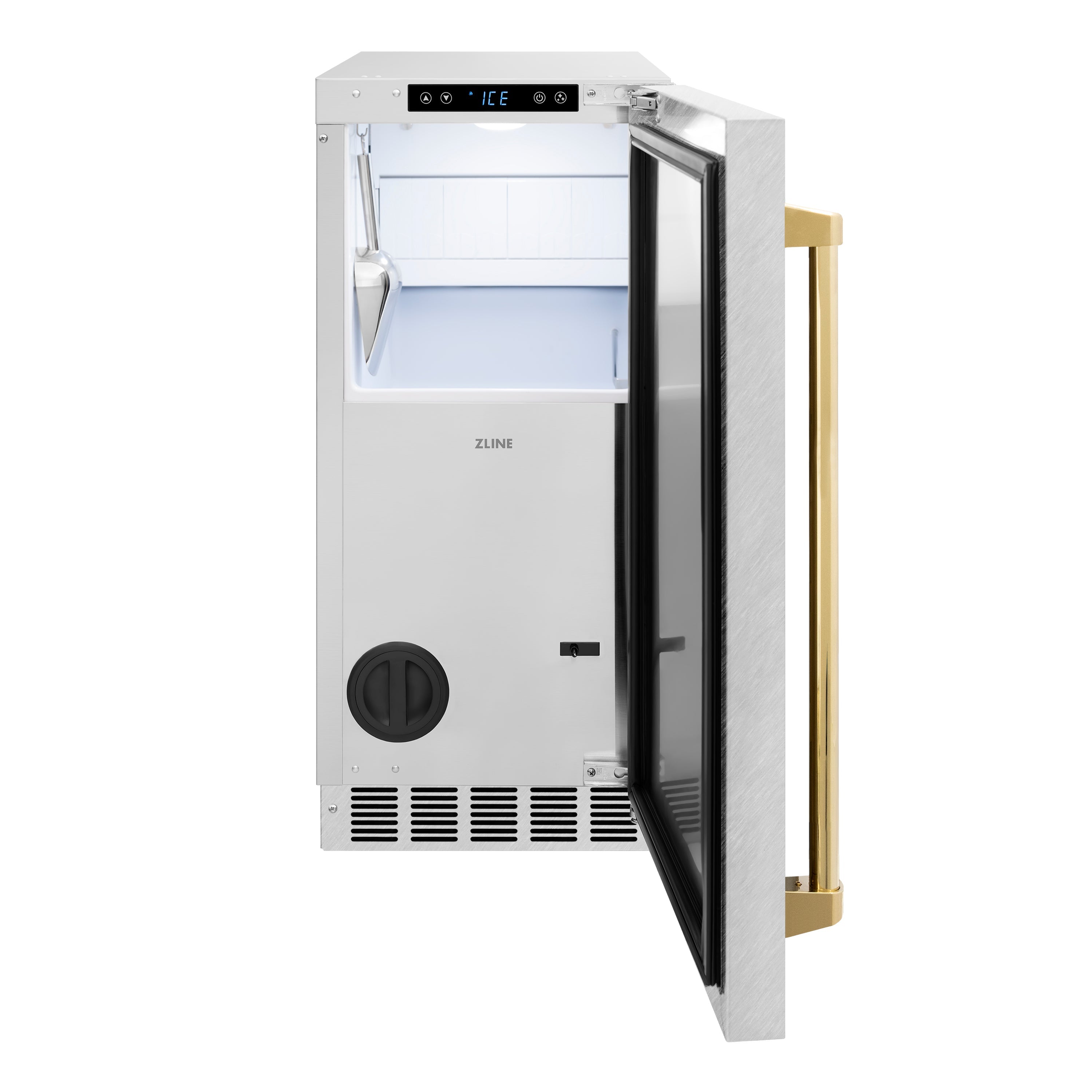 ZLINE Autograph Edition 15 in. Touchstone Gourmet Ice Maker with Drain Pump and Satin Stainless Steel Door with Polished Gold Handle (IGMDZ-SN-15-G)