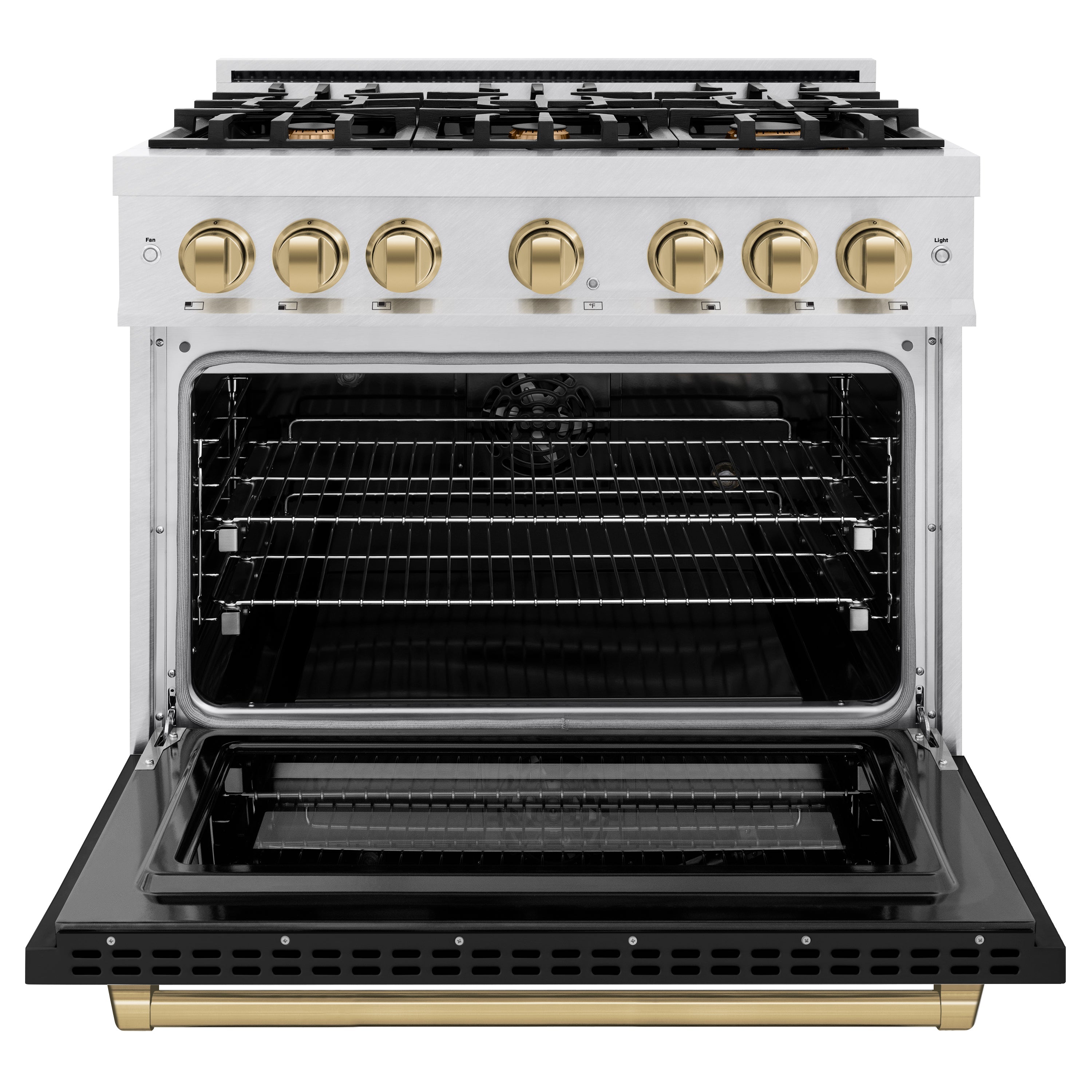 ZLINE Autograph Edition 36 in. 5.2 cu. ft. Select Dual Fuel Range with 6 Burner Gas Cooktop and Electric Convection Oven in Satin Stainless Steel with Black Matte Door and Champagne Bronze Accents (HDRSZ-BLM-36-CB)