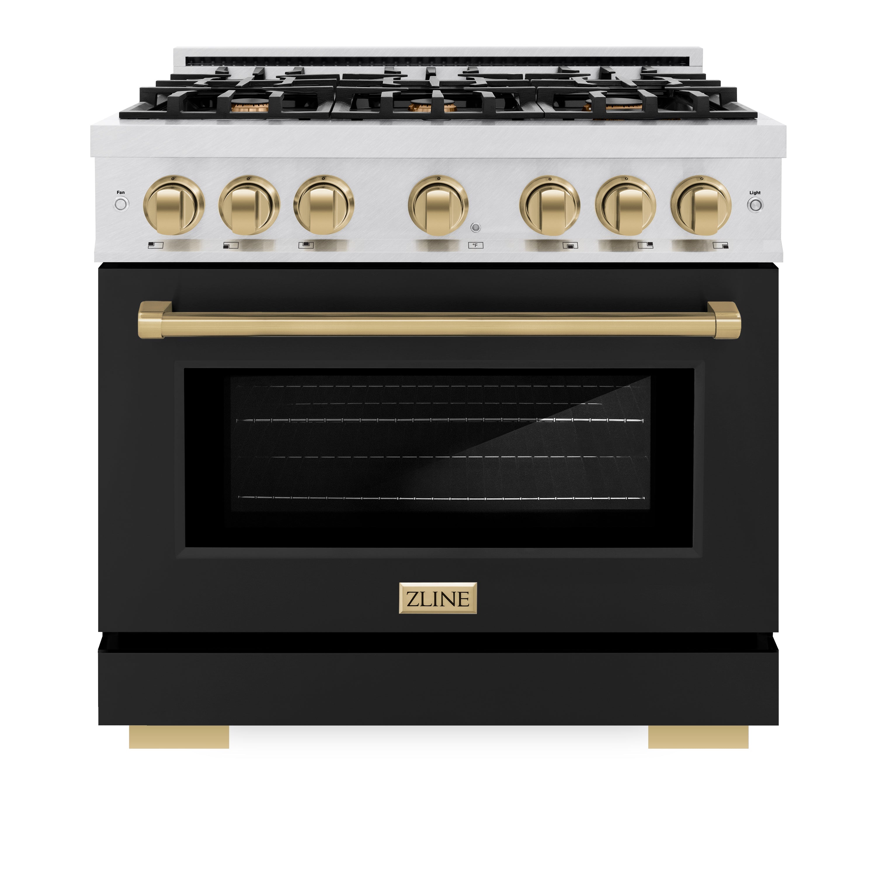ZLINE Autograph Edition 36 in. 5.2 cu. ft. Select Dual Fuel Range with 6 Burner Gas Cooktop and Electric Convection Oven in Satin Stainless Steel with Black Matte Door and Champagne Bronze Accents (HDRSZ-BLM-36-CB)