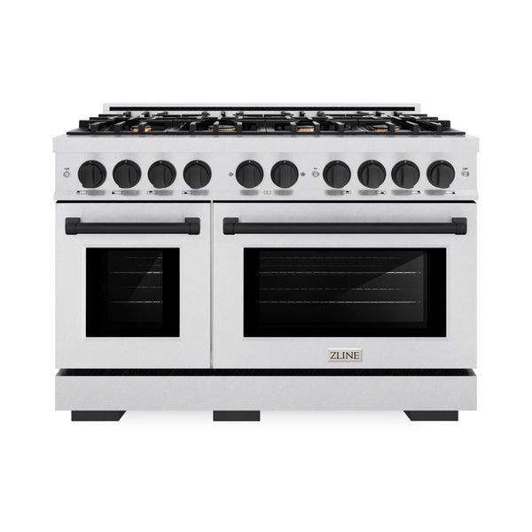 ZLINE Autograph Edition 48 in. 6.7 cu. ft. Select Double Oven Dual Fuel Range with 8 Burner Gas Cooktop in Satin Stainless Steel and Matte Black Accents (HDRSZ-48-MB)