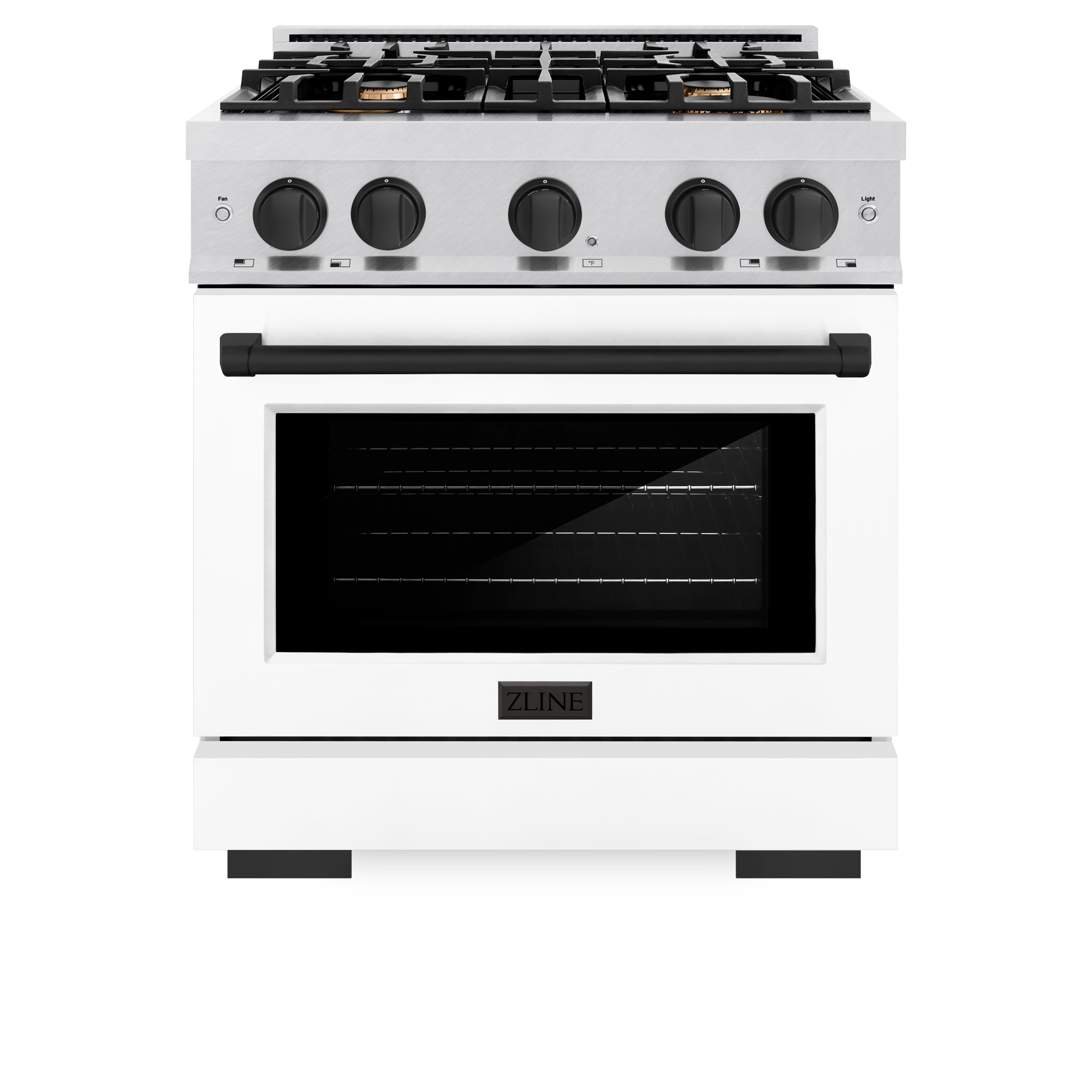 ZLINE Autograph Edition 30 in. 4.2 cu. ft. Select Dual Fuel Range with 4 Burner Gas Cooktop and Electric Convection Oven in Satin Stainless Steel with White Matte Door and Matte Black Accents (HDRSZ-WM-30-MB)