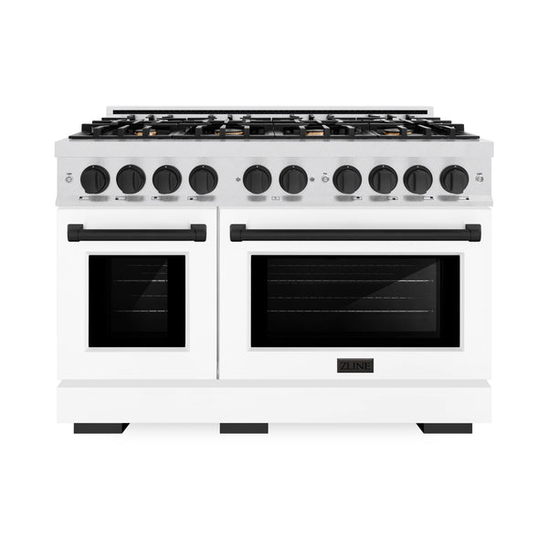 ZLINE Autograph Edition 48 in. 6.7 cu. ft. Select Double Oven Dual Fuel Range with 8 Burner Gas Cooktop in Satin Stainless Steel with White Matte Doors and Matte Black Accents (HDRSZ-WM-48-MB)