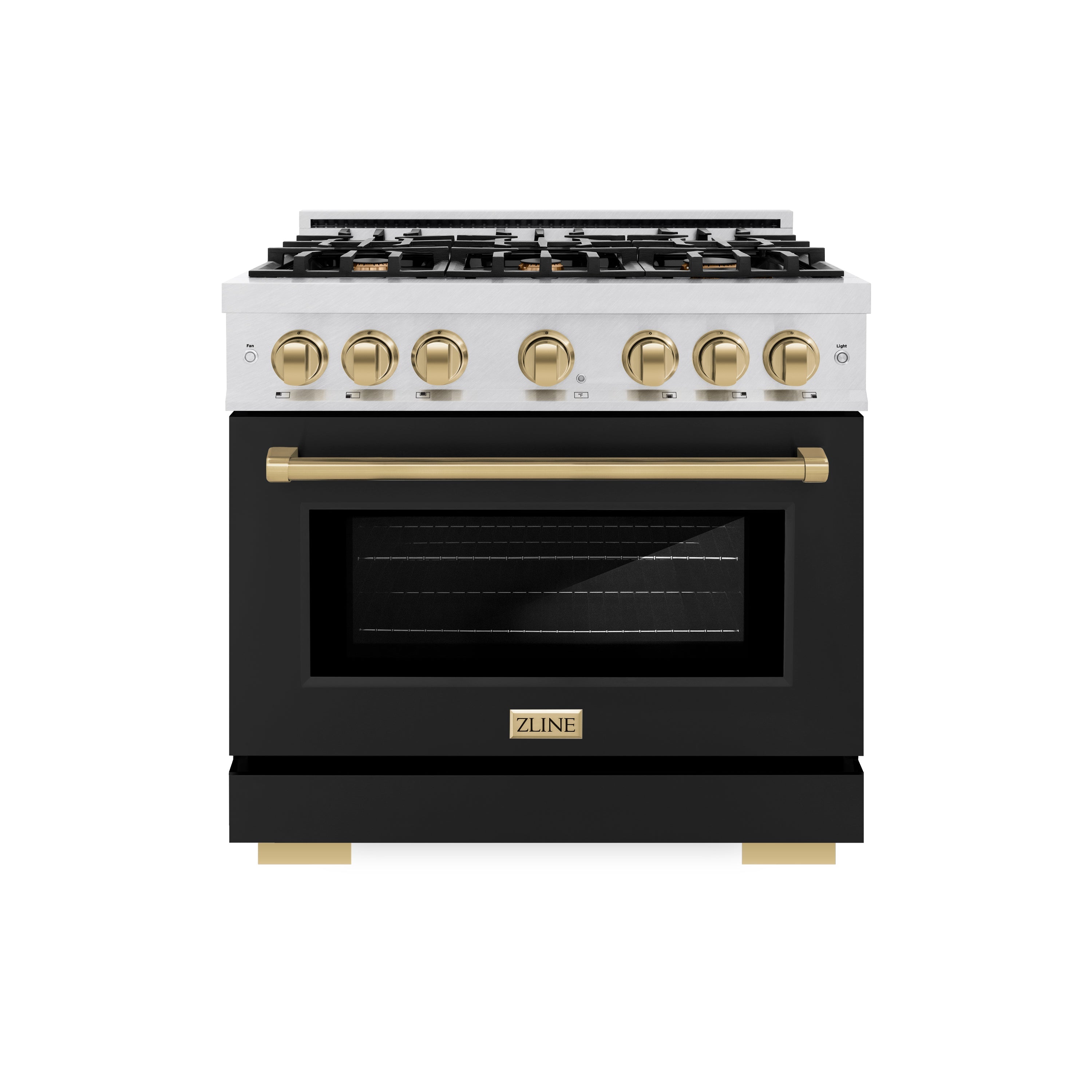 ZLINE Autograph Edition 36 in. 5.2 cu. ft. Select Gas Range with 6 Burner Cooktop and Convection Gas Oven in Satin Stainless Steel with Black Matte Door and Champagne Bronze Accents (HGRSZ-BLM-36-CB)