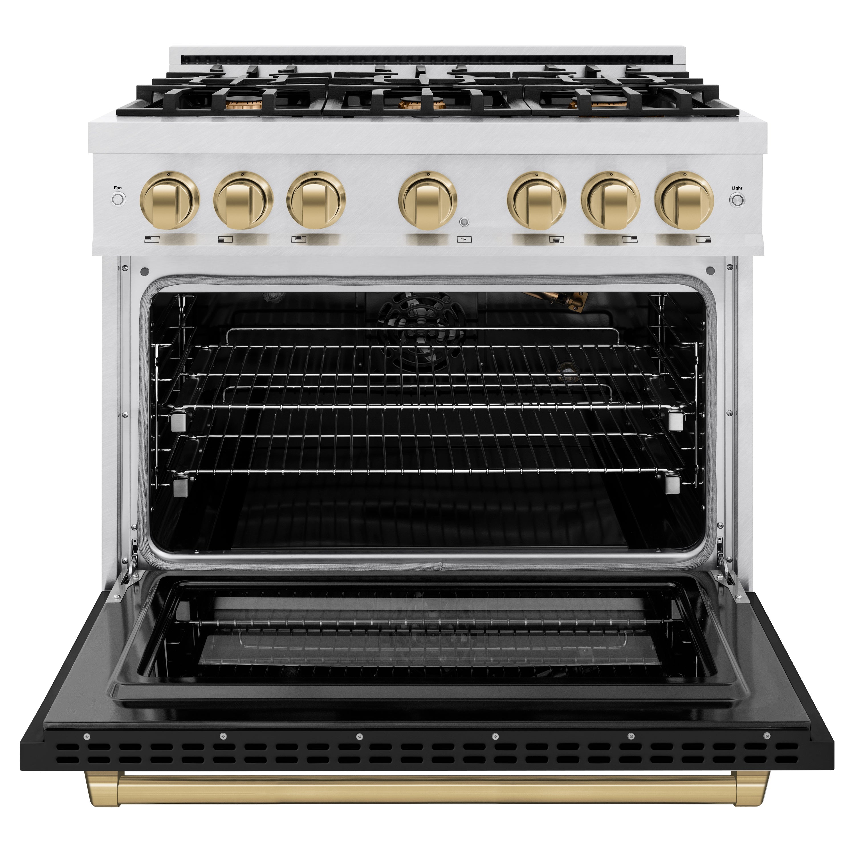 ZLINE Autograph Edition 36 in. 5.2 cu. ft. Select Gas Range with 6 Burner Cooktop and Convection Gas Oven in Satin Stainless Steel with Black Matte Door and Champagne Bronze Accents (HGRSZ-BLM-36-CB)