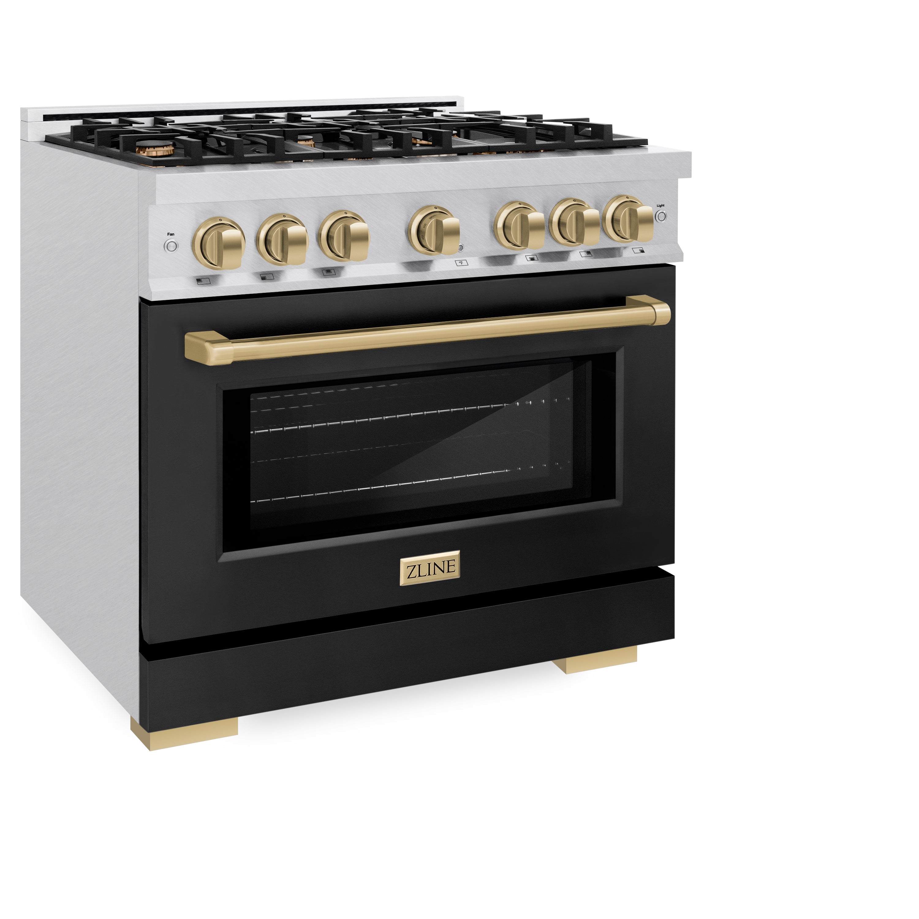 ZLINE Autograph Edition 36 in. 5.2 cu. ft. Select Gas Range with 6 Burner Cooktop and Convection Gas Oven in Satin Stainless Steel with Black Matte Door and Champagne Bronze Accents (HGRSZ-BLM-36-CB)