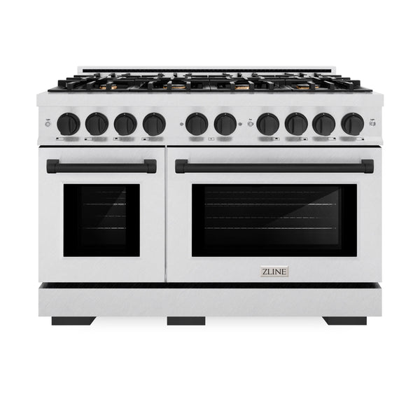 ZLINE Autograph Edition 48 in. 6.7 cu. ft. Select Double Oven Gas Range with 8 Burner Cooktop in Satin Stainless Steel and Matte Black Accents (HGRSZ-48-MB)
