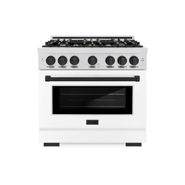 ZLINE Autograph Edition 36 in. 5.2 cu. ft. Select Gas Range with 6 Burner Cooktop and Convection Gas Oven in Satin Stainless Steel with White Matte Door and Matte Black Accents (HGRSZ-WM-36-MB)