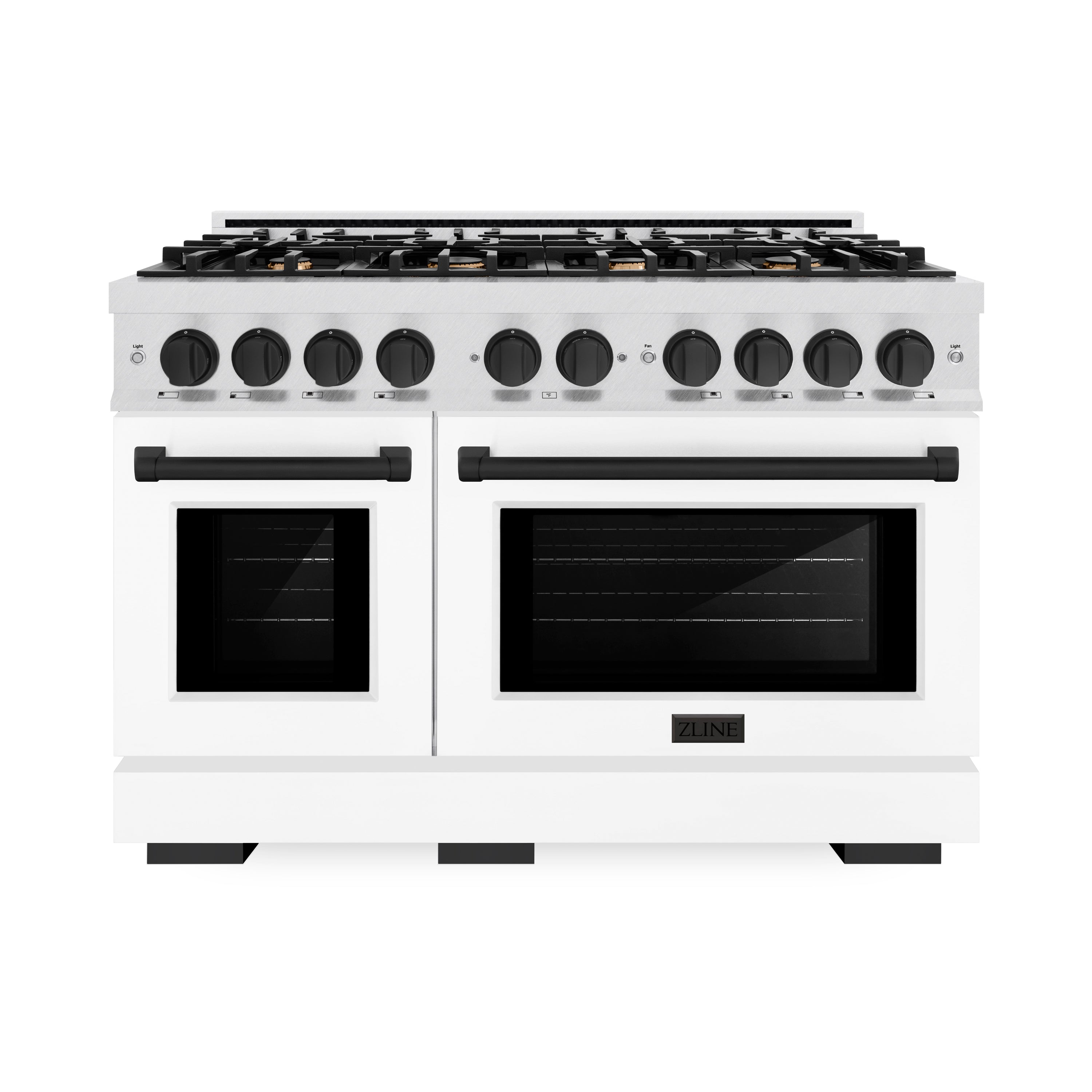 ZLINE Autograph Edition 48 in. 6.7 cu. ft. Select Double Oven Gas Range with 8 Burner Cooktop in Satin Stainless Steel with White Matte Doors and Matte Black Accents (HGRSZ-WM-48-MB)