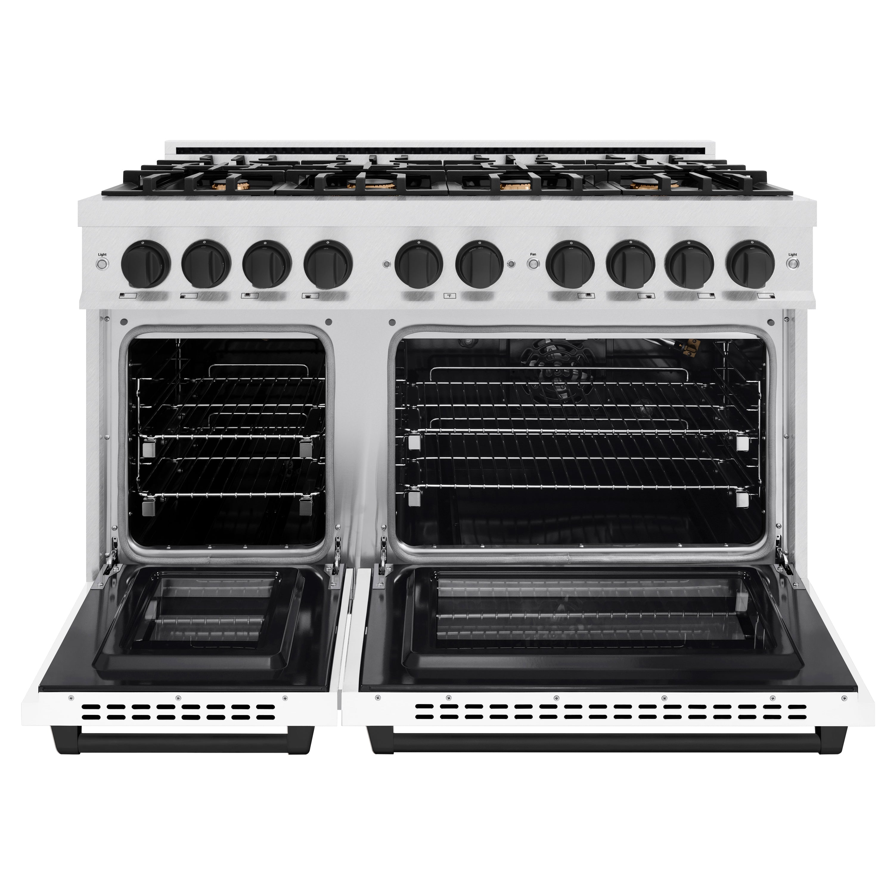 ZLINE Autograph Edition 48 in. 6.7 cu. ft. Select Double Oven Gas Range with 8 Burner Cooktop in Satin Stainless Steel with White Matte Doors and Matte Black Accents (HGRSZ-WM-48-MB)