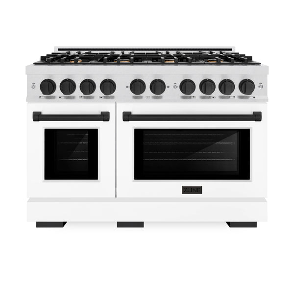 ZLINE Autograph Edition 48 in. 6.7 cu. ft. Select Double Oven Gas Range with 8 Burner Cooktop in Satin Stainless Steel with White Matte Doors and Matte Black Accents (HGRSZ-WM-48-MB)