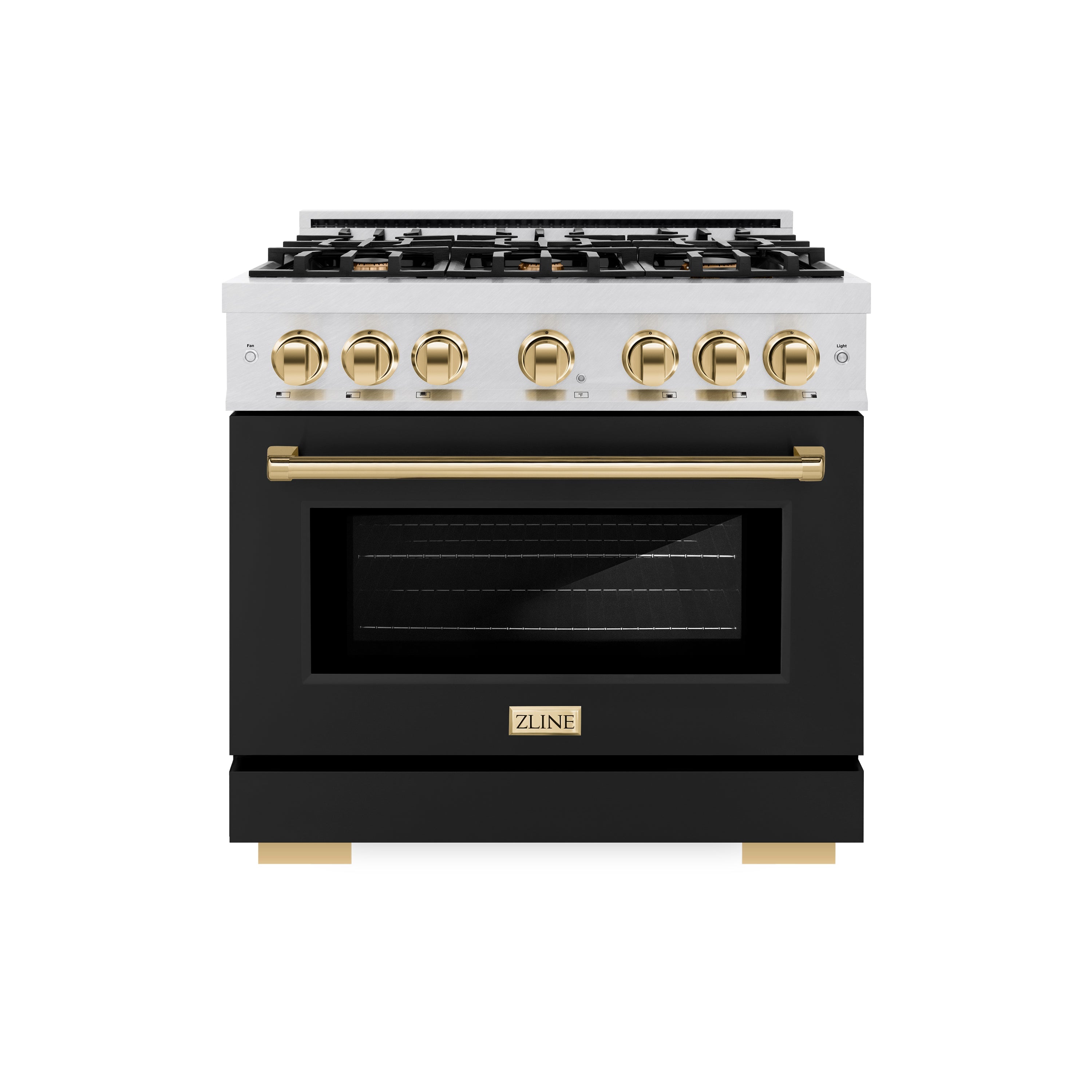 ZLINE Autograph Edition 36 in. 5.2 cu. ft. Select Dual Fuel Range with 6 Burner Gas Cooktop and Electric Convection Oven in Satin Stainless Steel with Black Matte Door and Polished Gold Accents (HDRSZ-BLM-36-G)