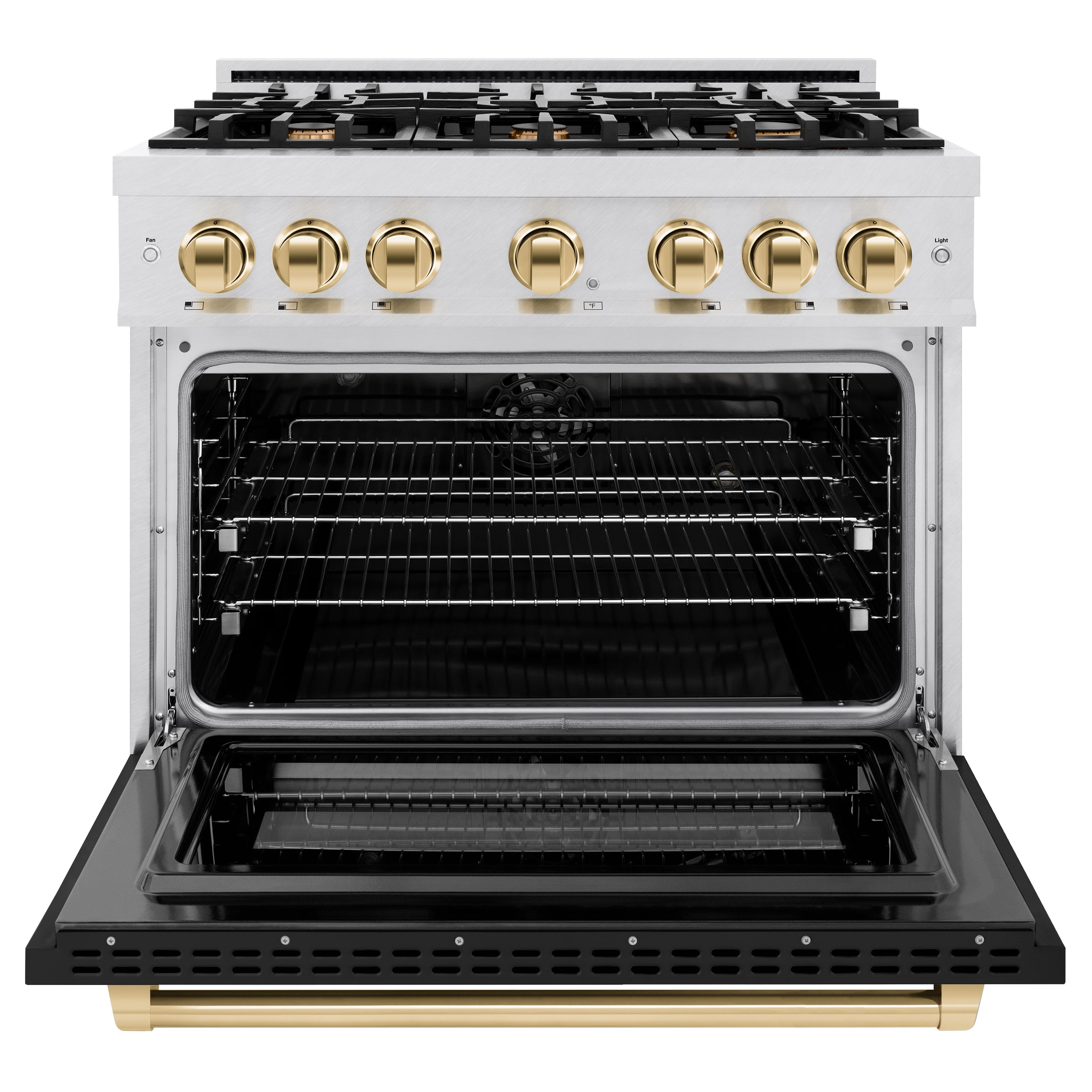 ZLINE Autograph Edition 36 in. 5.2 cu. ft. Select Dual Fuel Range with 6 Burner Gas Cooktop and Electric Convection Oven in Satin Stainless Steel with Black Matte Door and Polished Gold Accents (HDRSZ-BLM-36-G)