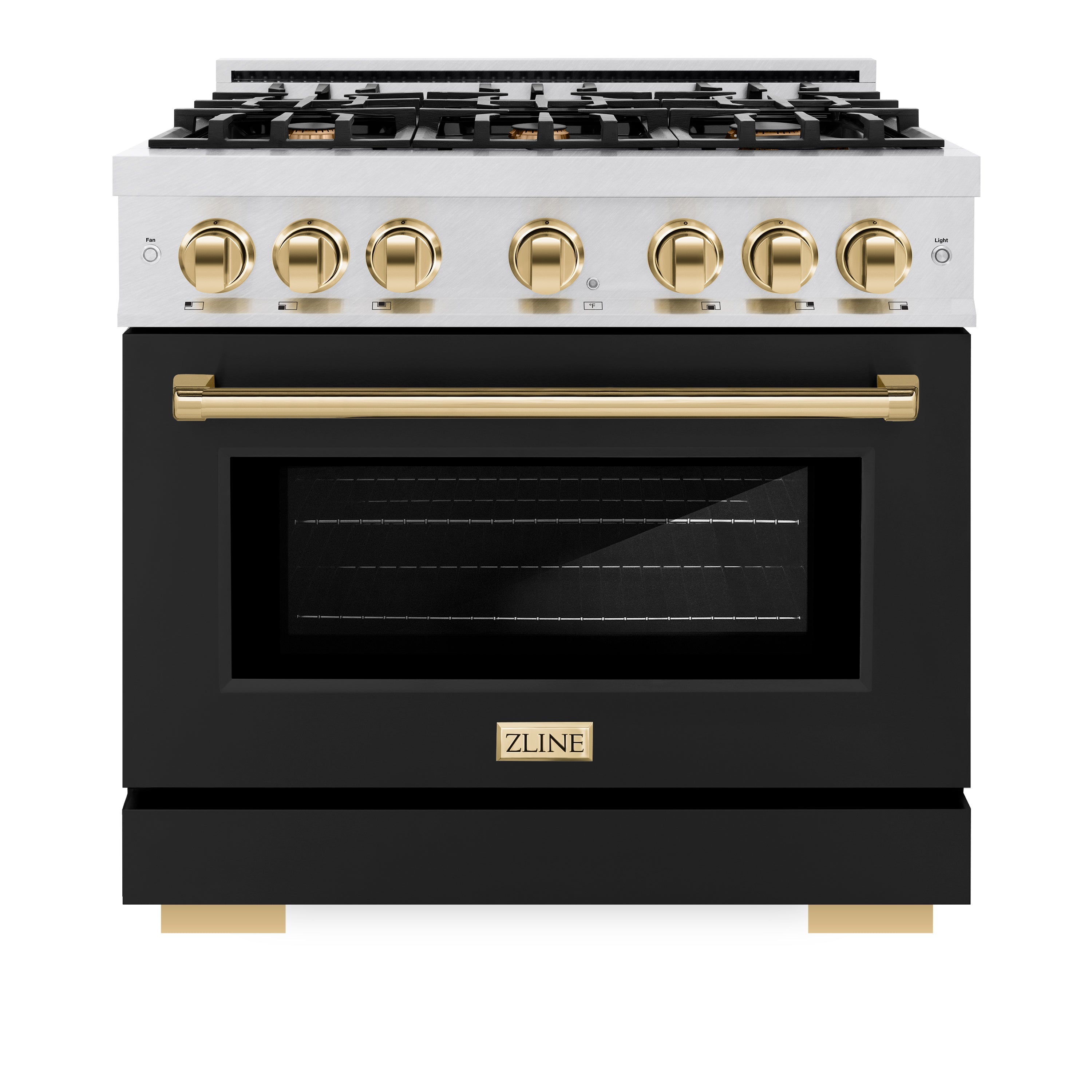 ZLINE Autograph Edition 36 in. 5.2 cu. ft. Select Dual Fuel Range with 6 Burner Gas Cooktop and Electric Convection Oven in Satin Stainless Steel with Black Matte Door and Polished Gold Accents (HDRSZ-BLM-36-G)