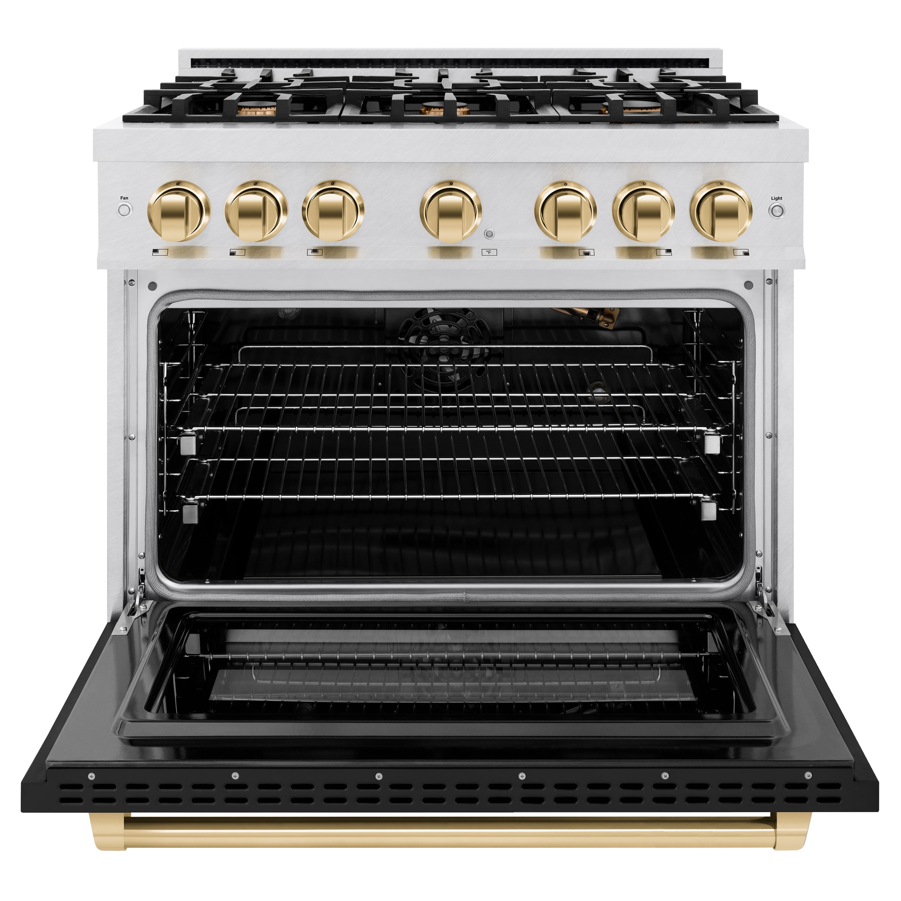 ZLINE Autograph Edition 36 in. 5.2 cu. ft. Select Gas Range with 6 Burner Cooktop and Convection Gas Oven in Satin Stainless Steel with Black Matte Door and Polished Gold Accents (HGRSZ-BLM-36-G)