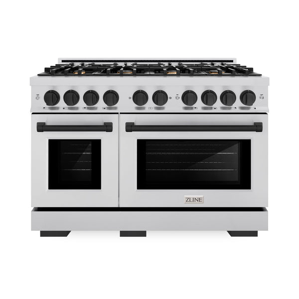 ZLINE Autograph Edition 48 in. 6.7 cu. ft. Select Double Oven Gas Range with 8 Burner Cooktop in Stainless Steel and Matte Black Accents (HGRZ-48-MB)