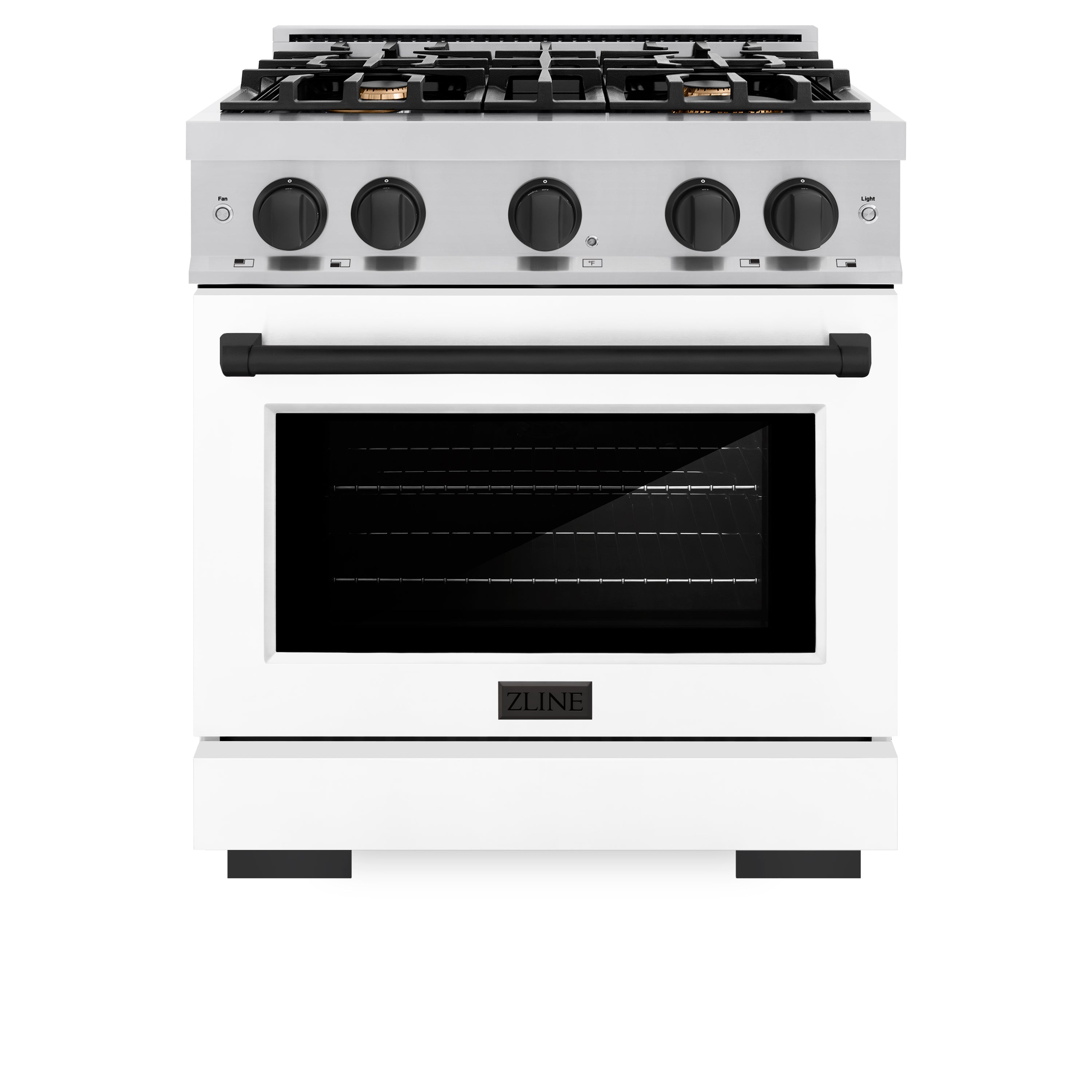 ZLINE Autograph Edition 30 in. 4.2 cu. ft. Select Gas Range with 4 Burner Cooktop and Convection Gas Oven in Stainless Steel with White Matte Door and Matte Black Accents (HGRZ-WM-30-MB)