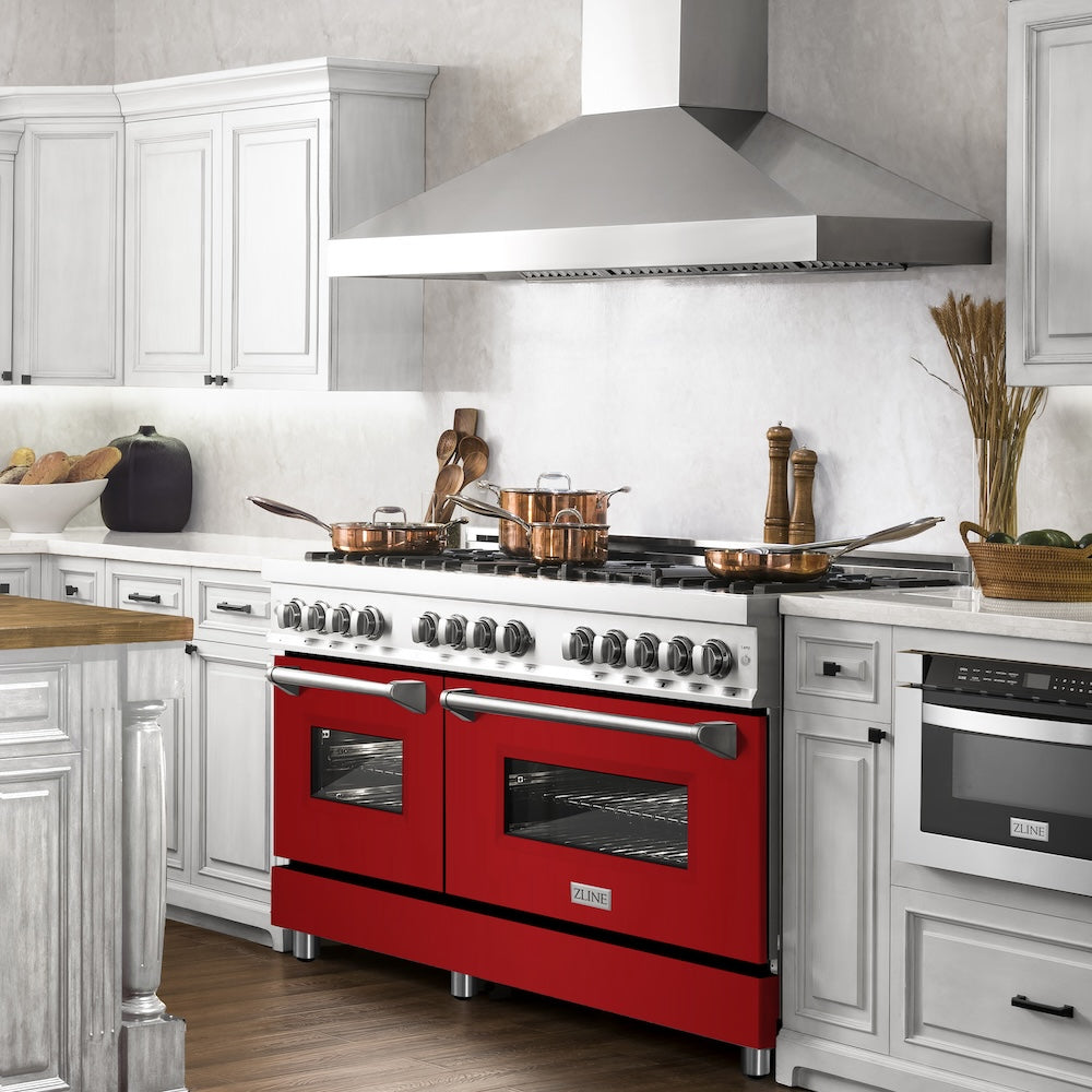 ZLINE 60 in. 7.4 cu. ft. Legacy Dual Fuel Range with 9 Burner Gas Cooktop and 2 Electric Convection Ovens in Stainless Steel and Red Gloss Doors (RA-RG-60)