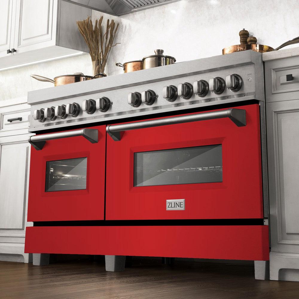 ZLINE 60 in. 7.4 cu. ft. Legacy Dual Fuel Range with 9 Burner Gas Cooktop and 2 Electric Convection Ovens in Satin Stainless Steel and Red Matte Doors (RAS-RM-60)