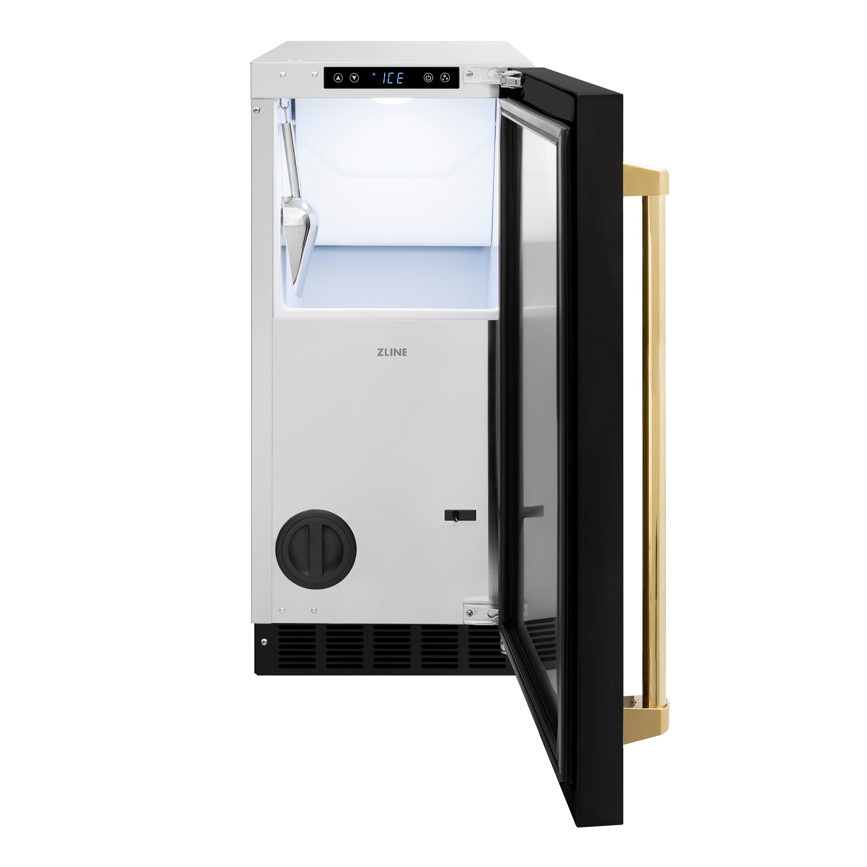 ZLINE Autograph Edition 15 in. Touchstone Clear Cube Ice Maker with Drain Pump and Black Matte Door with Polished Gold Handle (ICCDZ-BLM-15-G)