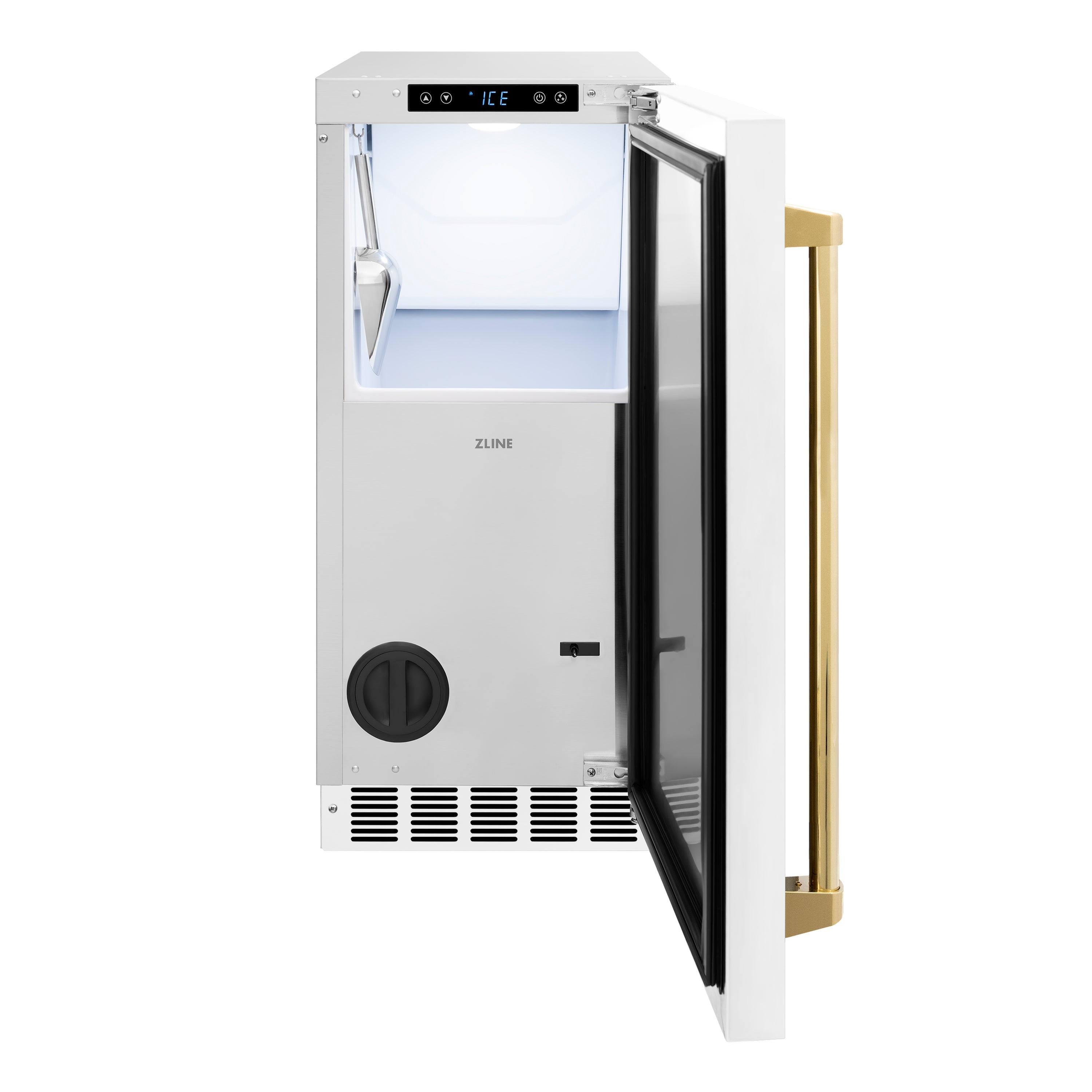 ZLINE Autograph Edition 15 in. Touchstone Clear Cube Ice Maker with Drain Pump and White Matte Door with Polished Gold Handle (ICCDZ-WM-15-G)