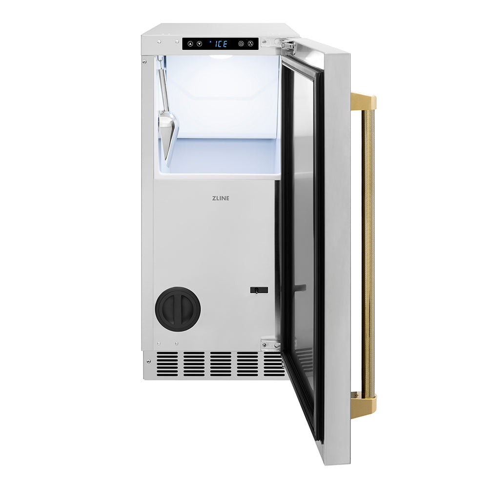 ZLINE Autograph Edition 15 in. Touchstone Clear Cube Ice Maker with Drain Pump and Solid Stainless Steel Door with Polished Gold Helix Handle (ICCDZ-ST-15-KG)