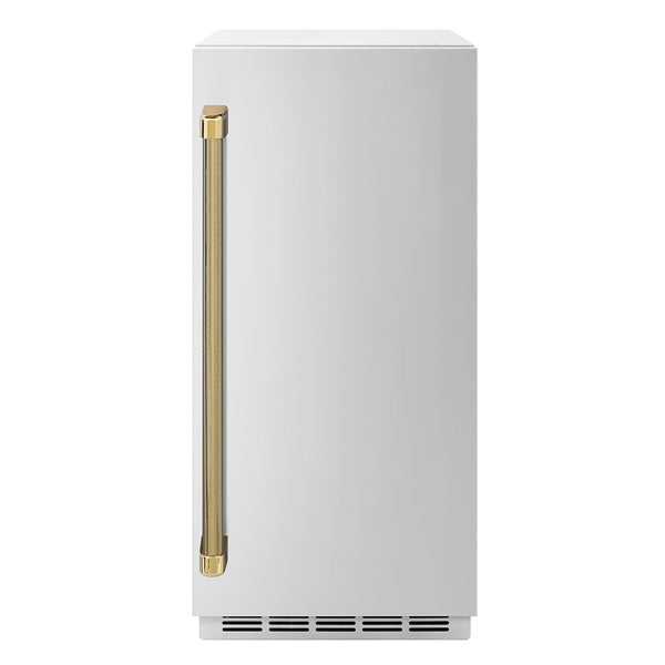 ZLINE Autograph Edition 15 in. Touchstone Gourmet Ice Maker with Drain Pump and Solid Stainless Steel Door with Polished Gold Helix Handle (IGMDZ-ST-15-KG)