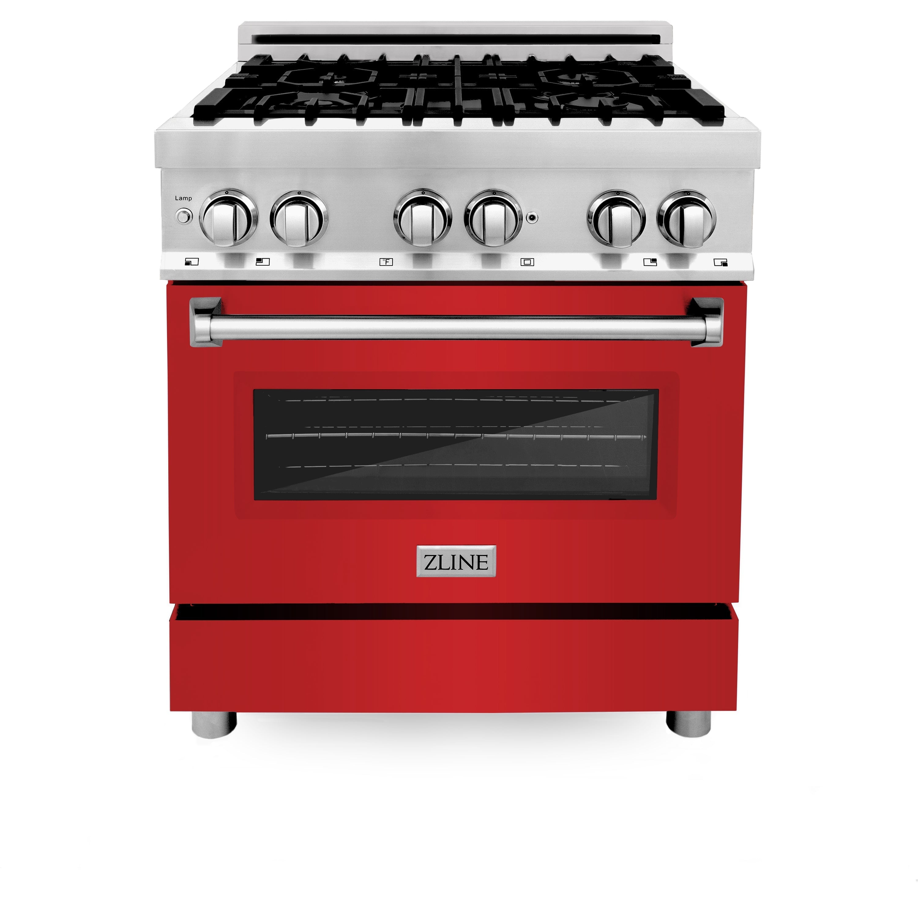 ZLINE 30 in. Kitchen Package with ZLINE Satin Stainless Steel Dual Fuel Range with Red Matte Door and Convertible Vent Range Hood (2KP-RARMRH30)