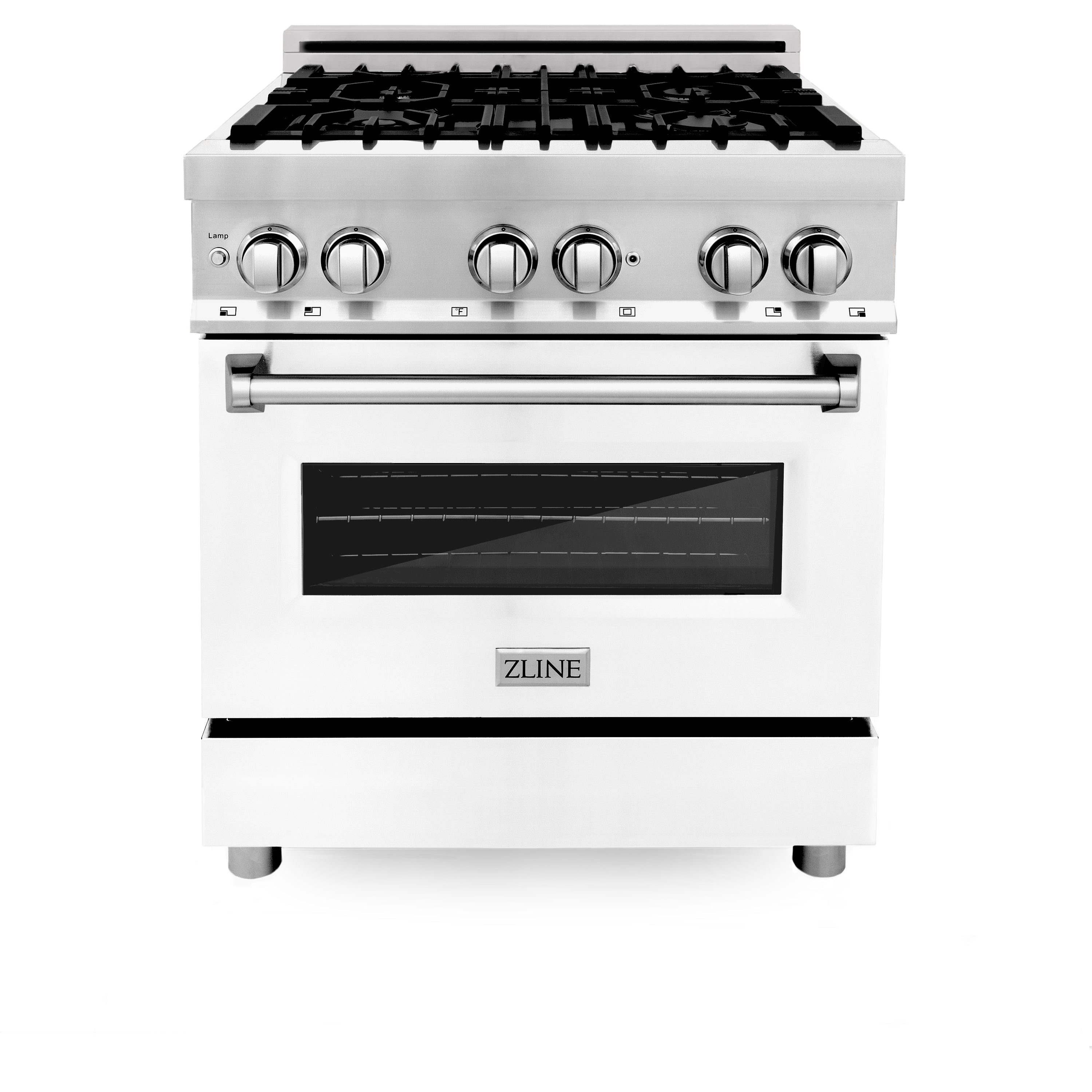 ZLINE 30 in. 4.0 cu. ft. Legacy Dual Fuel Range with 4 Burner Gas Cooktop and Electric Convection Oven in Stainless Steel with Griddle and White Matte Door (RA-WM-GR-30)