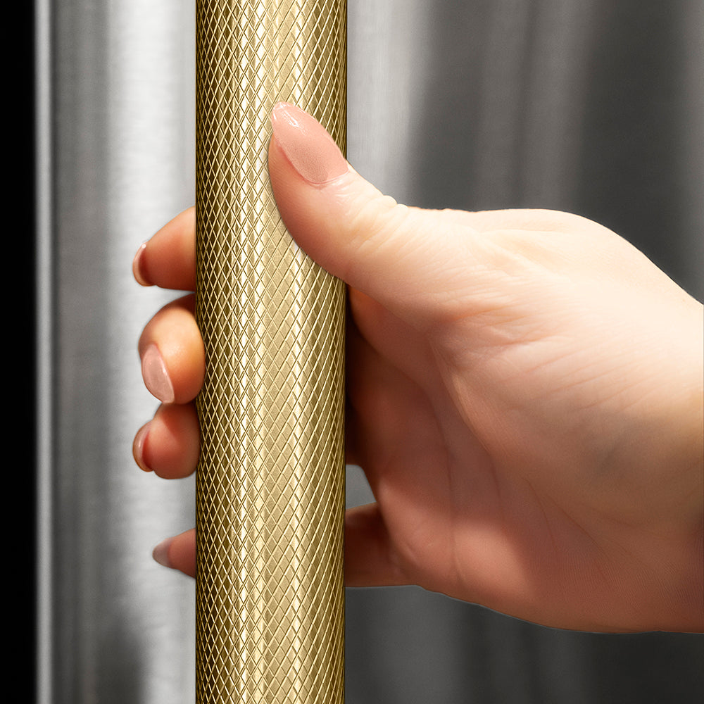 ZLINE Autograph Edition 36 in. 22.5 cu. ft. Counter-Depth French Door Refrigerator with Ice Maker in Fingerprint-Resistant Stainless Steel and Champagne Bronze Helix Handles (RFMZ-36-KCB)