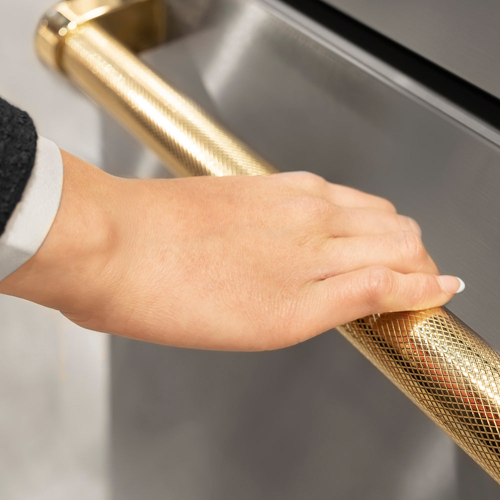 ZLINE Autograph Edition 30 in. 16.1 cu. ft. Built-In Bottom Freezer Refrigerator with Water Dispenser and Ice Maker in Stainless Steel with Graphite Gray Interior and Polished Gold Helix Handles (GRBIVZ-30430KG)