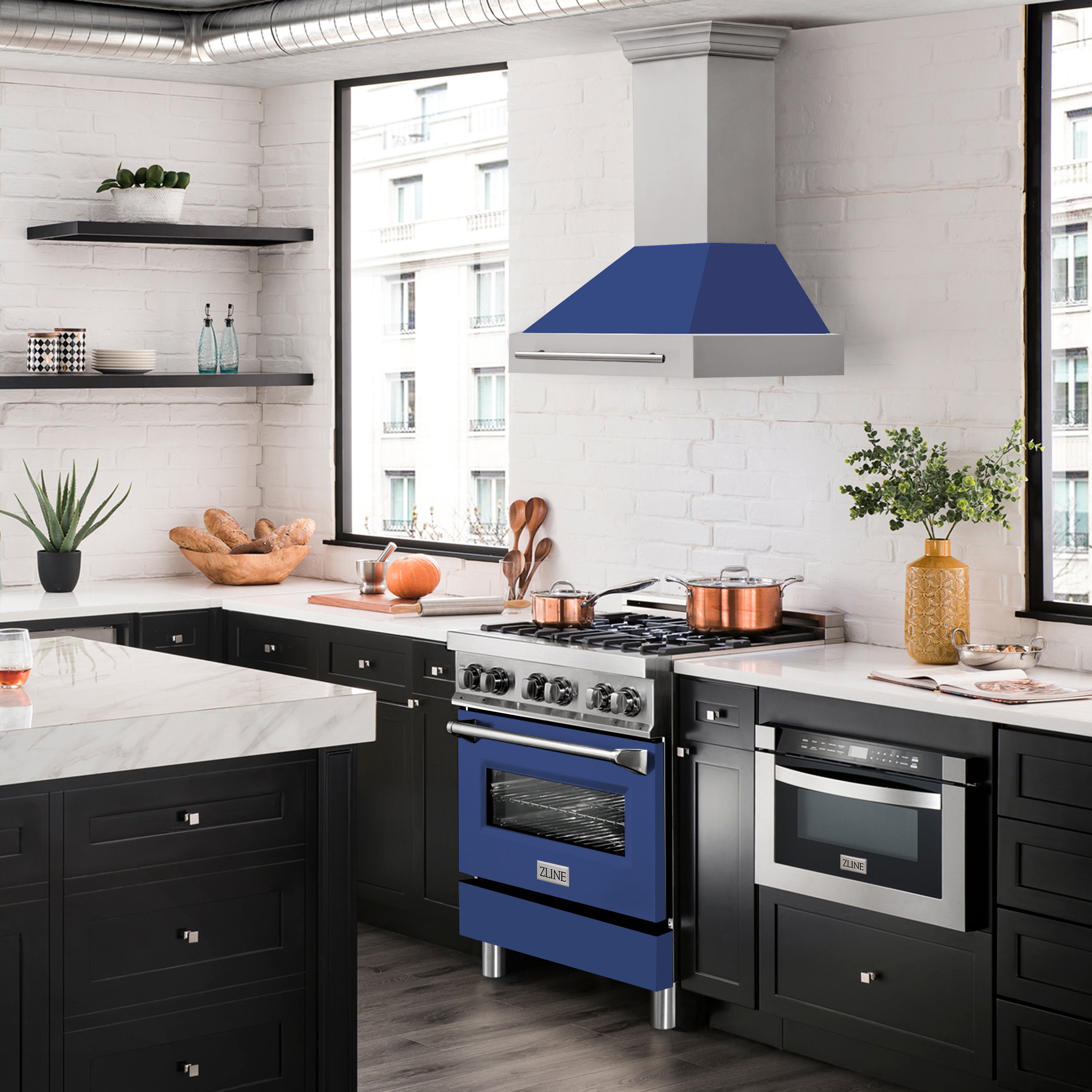 ZLINE 30" Stainless Steel Range Hood with Blue Matte Shell and Stainless Steel Handle (8654STX-BM-30)