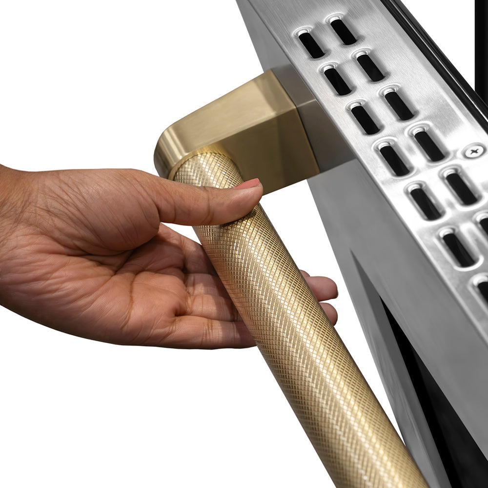 ZLINE Autograph Edition 48 in. 6.7 cu. ft. Paramount Double Oven Gas Range with 8 Burner Cooktop in Black Stainless Steel and Polished Gold Helix Handles and Knob Accents (SGRBZ-48-KG)