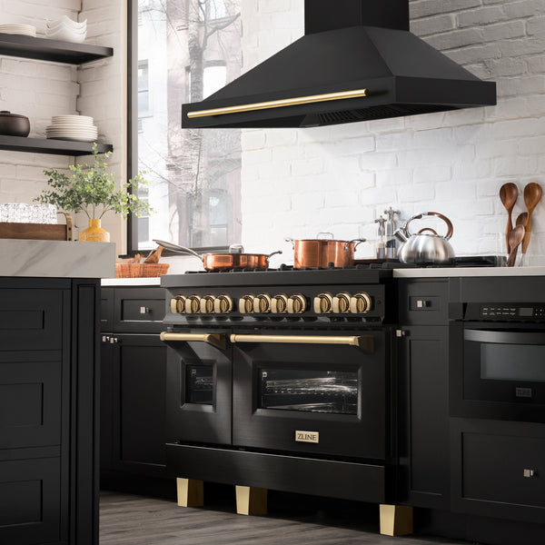 ZLINE 48" Appliance Package - Autograph Edition - Black Stainless Steel Dual Fuel Range, Range Hood, Dishwasher and Refrigeration with Champagne Bronze Accents (4AKPR-RABRHDWV48-CB)