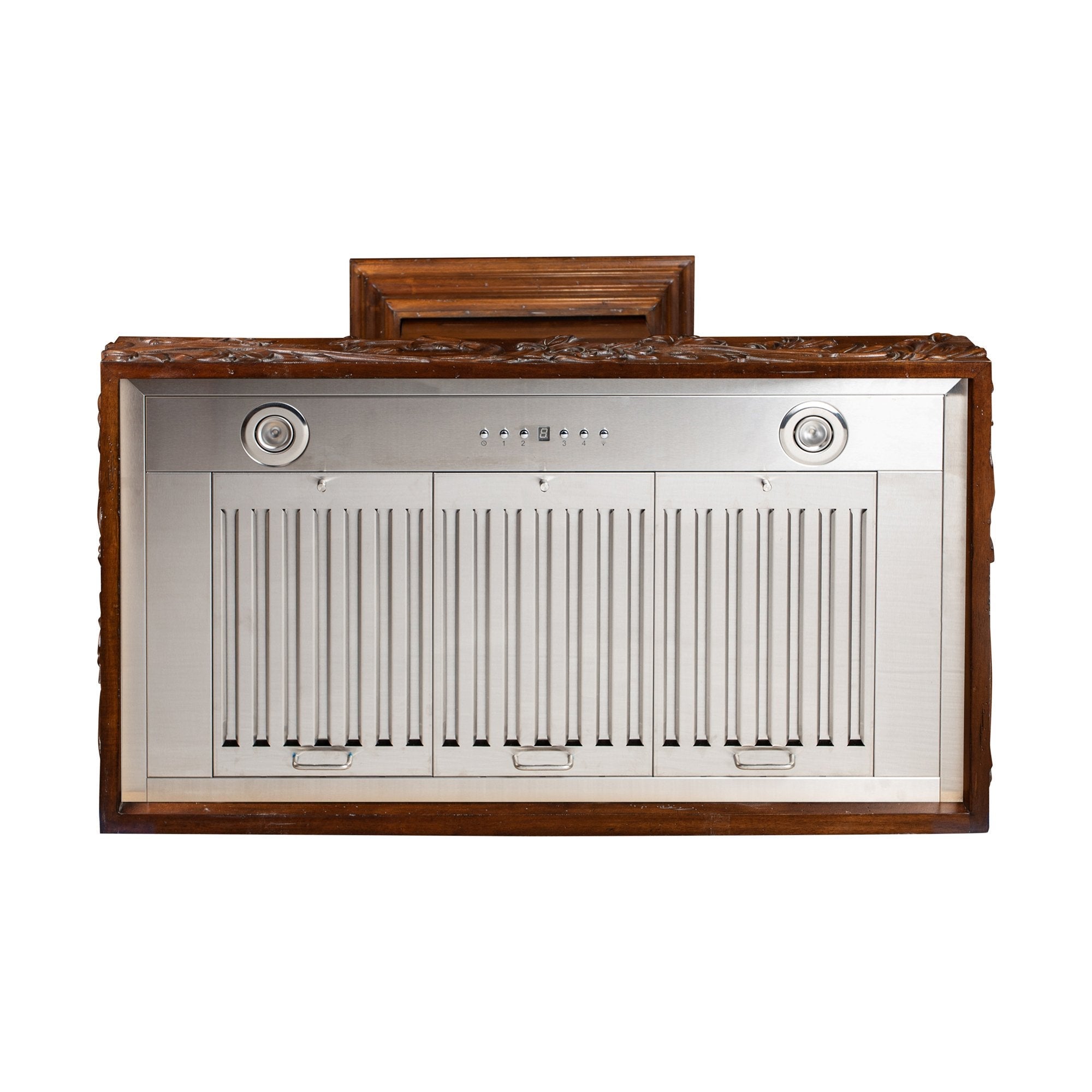 ZLINE 36 in. Convertible Vent Carved Wooden Wall Mount Range Hood in Walnut