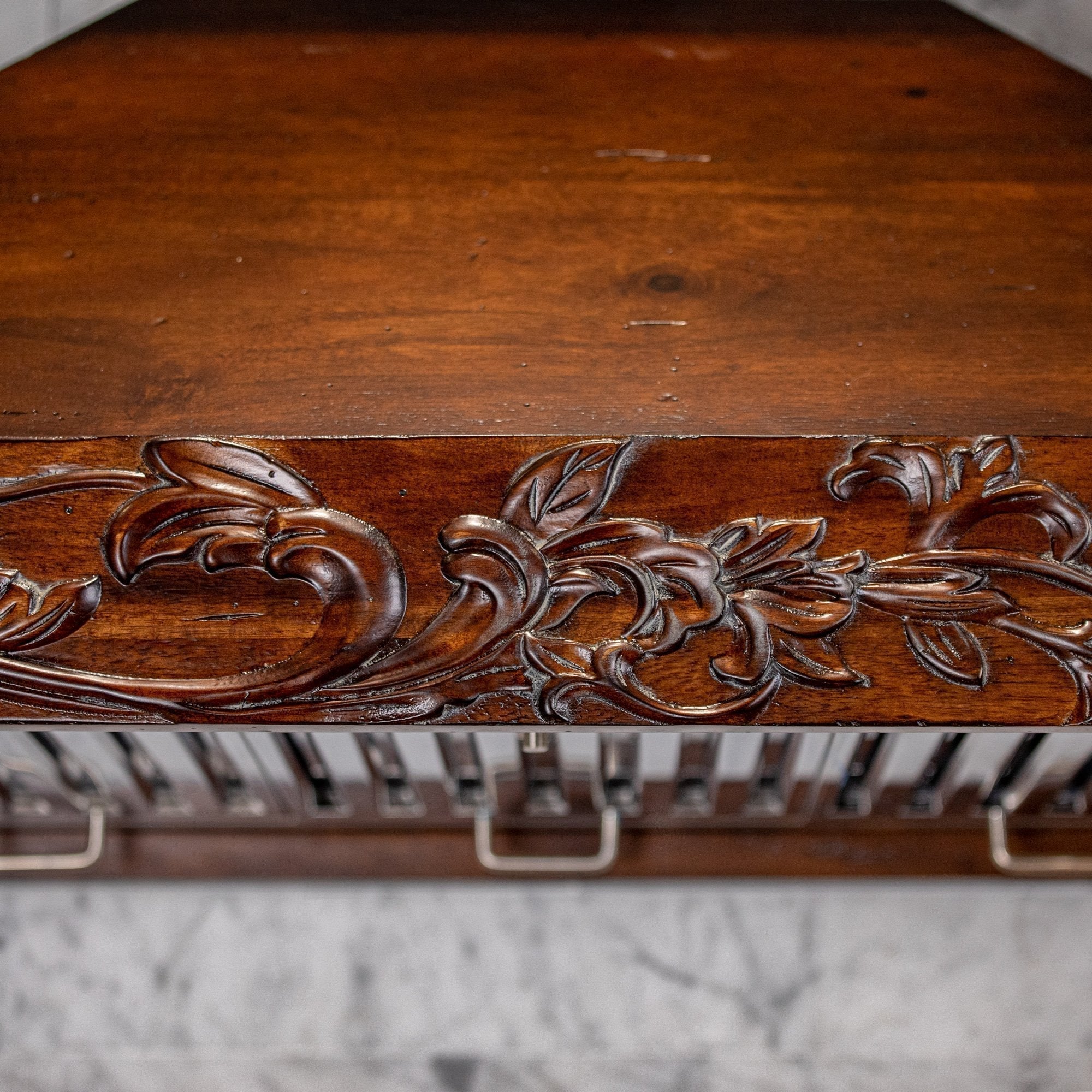 ZLINE 30 in. Convertible Vent Carved Wooden Wall Mount Range Hood in Walnut