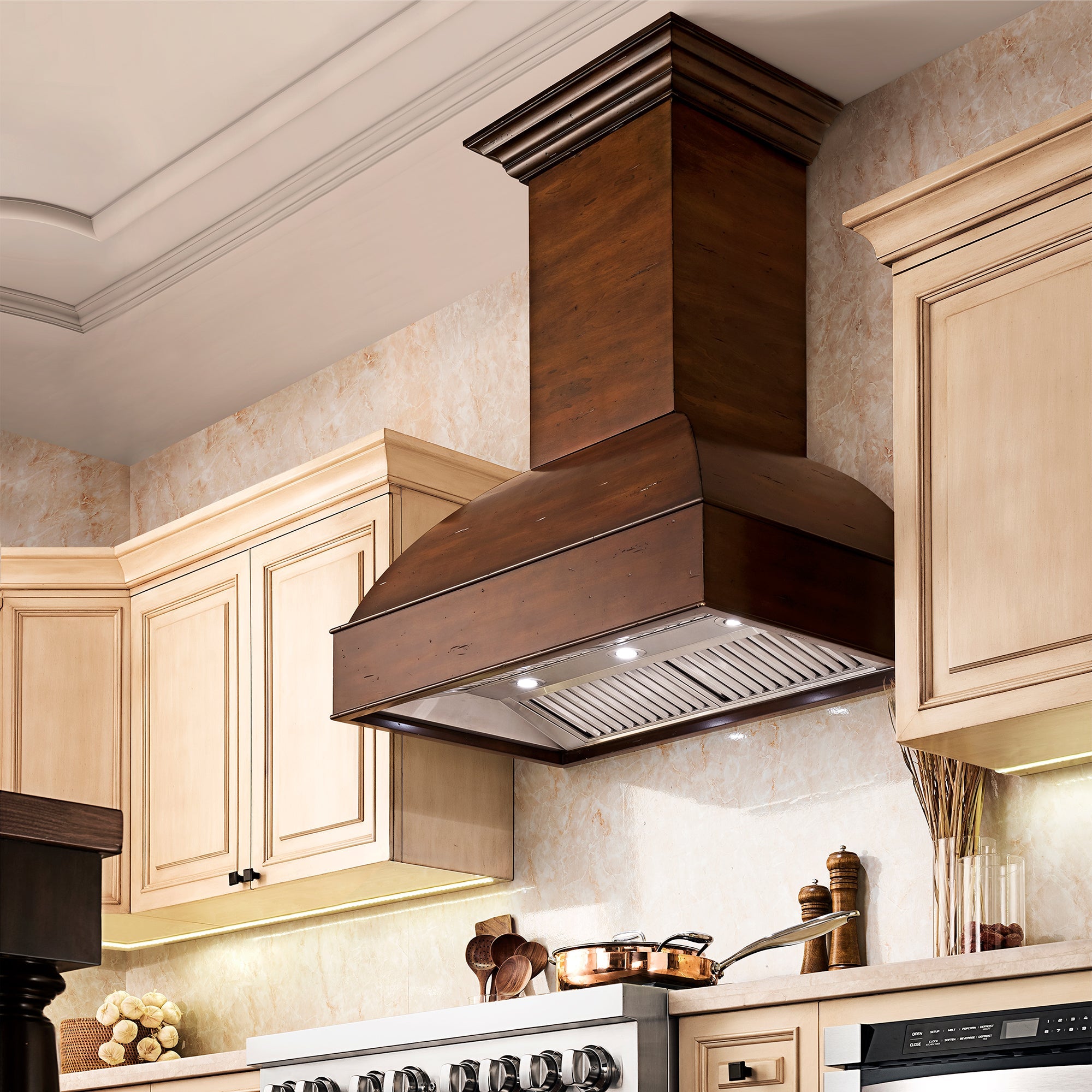 Wooden Wall Mount Range Hood in Walnut and Hamilton - Includes Motor