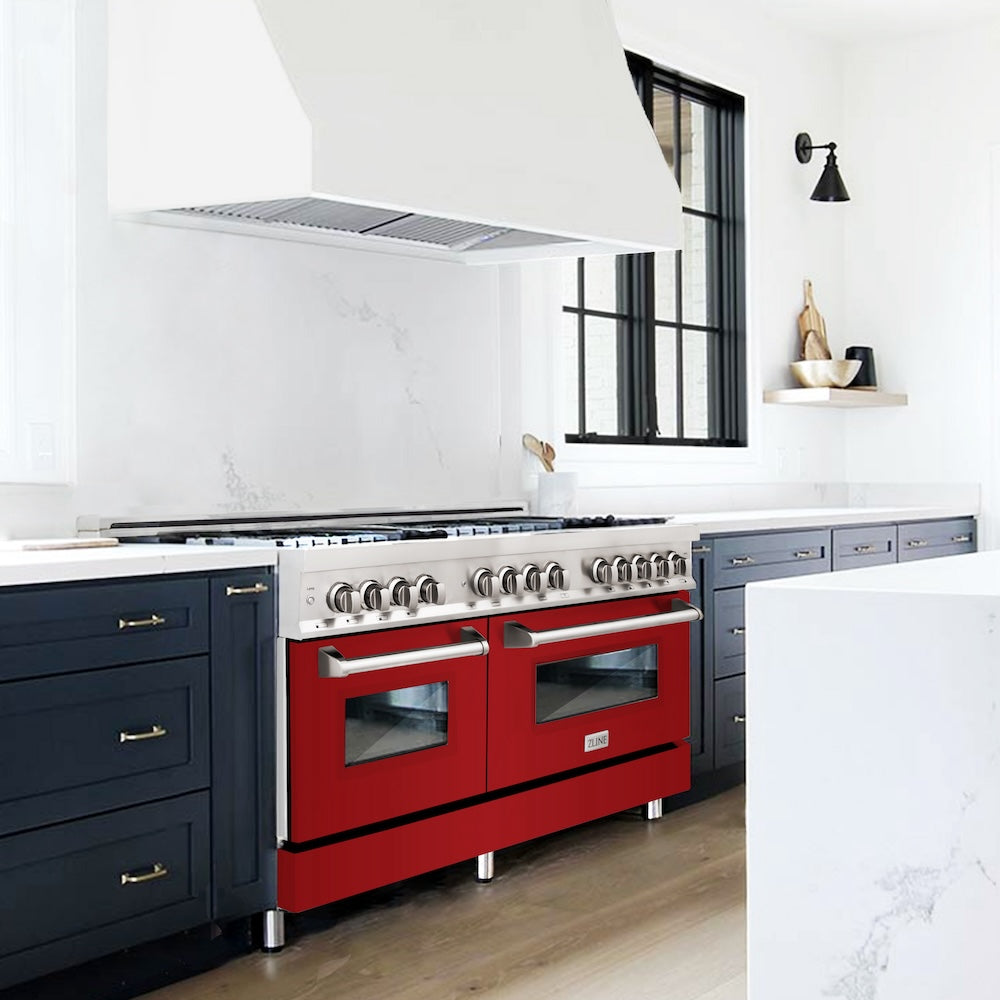 ZLINE 60 in. 7.4 cu. ft. Legacy Dual Fuel Range with 9 Burner Gas Cooktop and 2 Electric Convection Ovens in Stainless Steel and Red Gloss Doors (RA-RG-60)