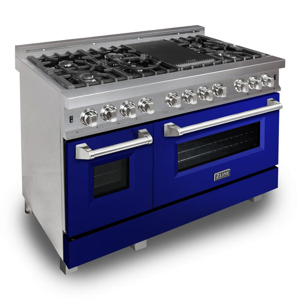 ZLINE 48 in. 6.0 cu. ft. Legacy Dual Fuel Range with 7 Burner Gas Cooktop and 2 Electric Ovens in Satin Stainless Steel and Blue Gloss Doors (RAS-BG-48)