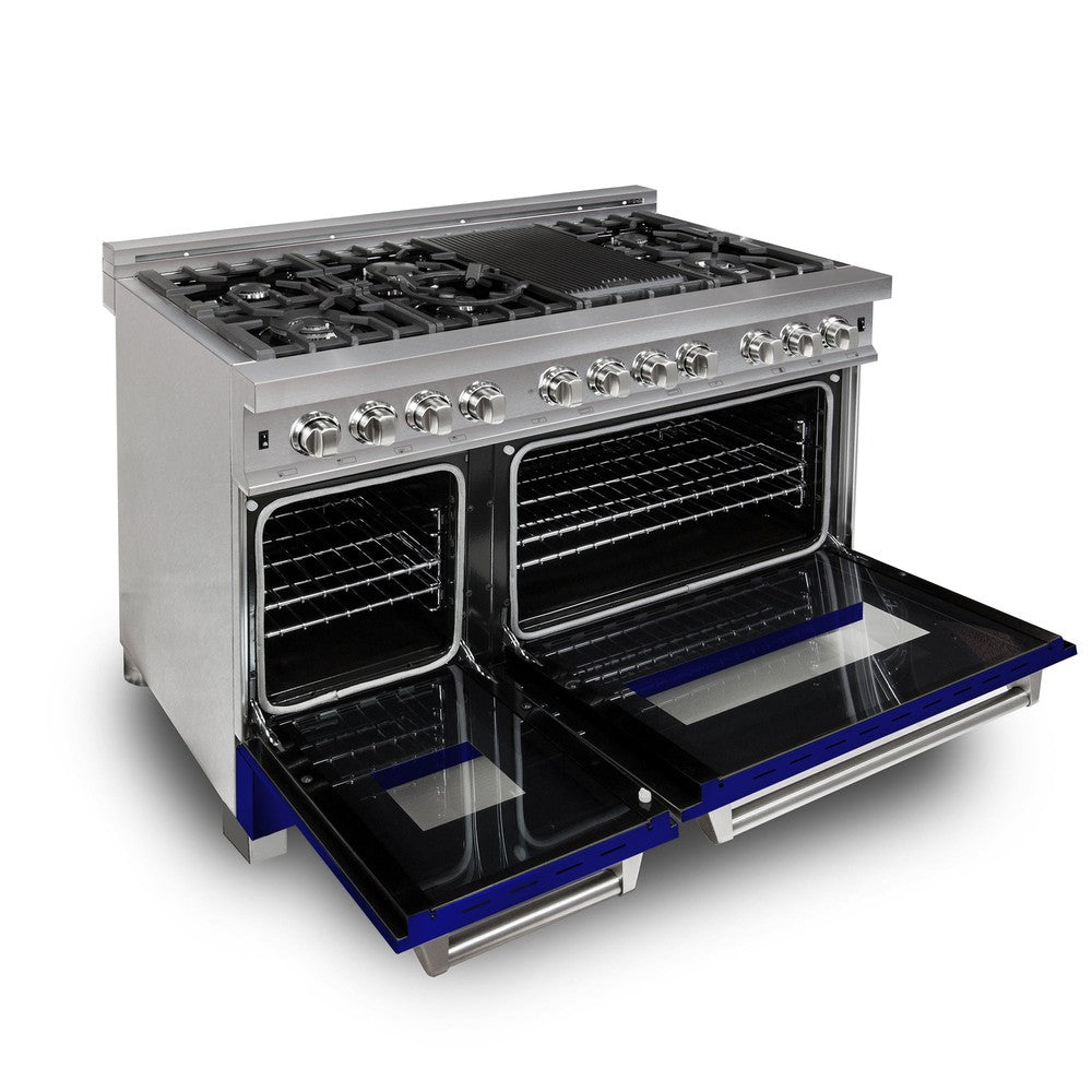 ZLINE 48 in. 6.0 cu. ft. Legacy Dual Fuel Range with 7 Burner Gas Cooktop and 2 Electric Ovens in Satin Stainless Steel and Blue Gloss Doors (RAS-BG-48)