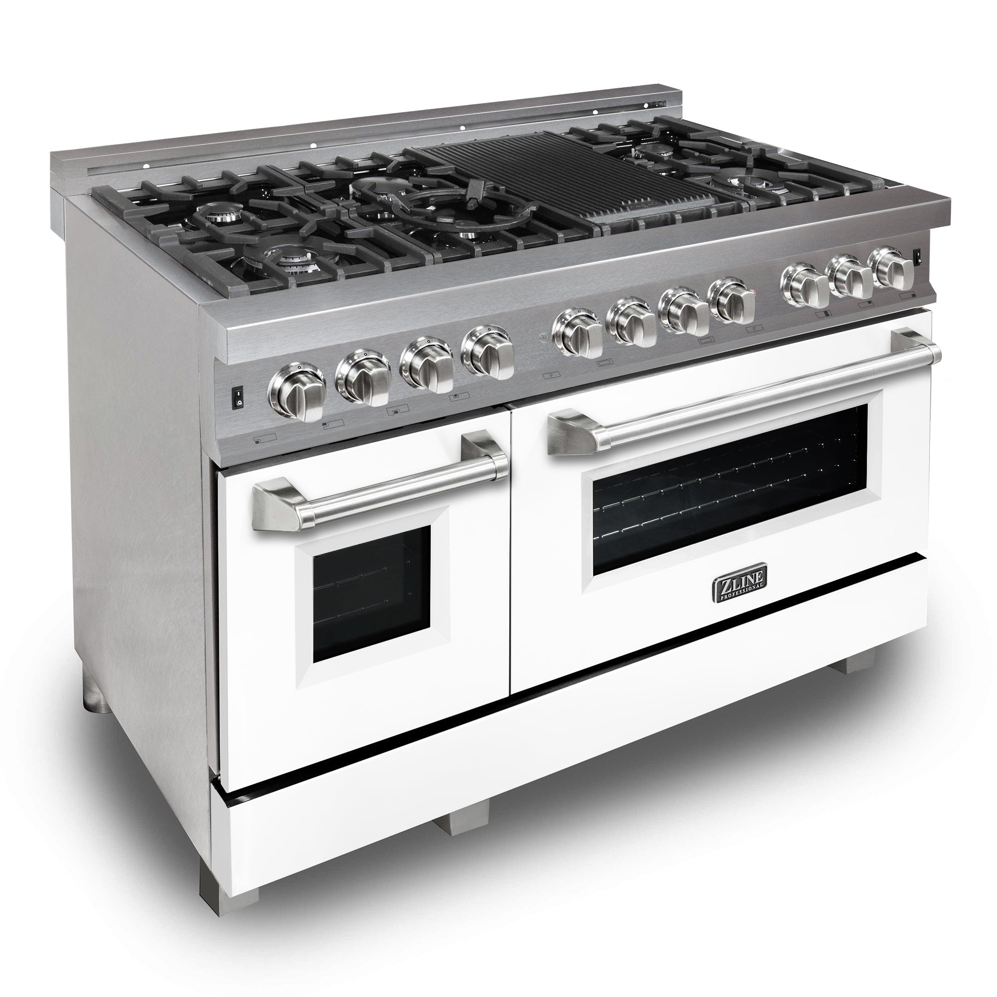 ZLINE 48 in. 6.0 cu. ft. Legacy Dual Fuel Range with 7 Burner Gas Cooktop and 2 Electric Ovens in Satin Stainless Steel with White Matte Doors and Griddle (RAS-WM-GR-48)
