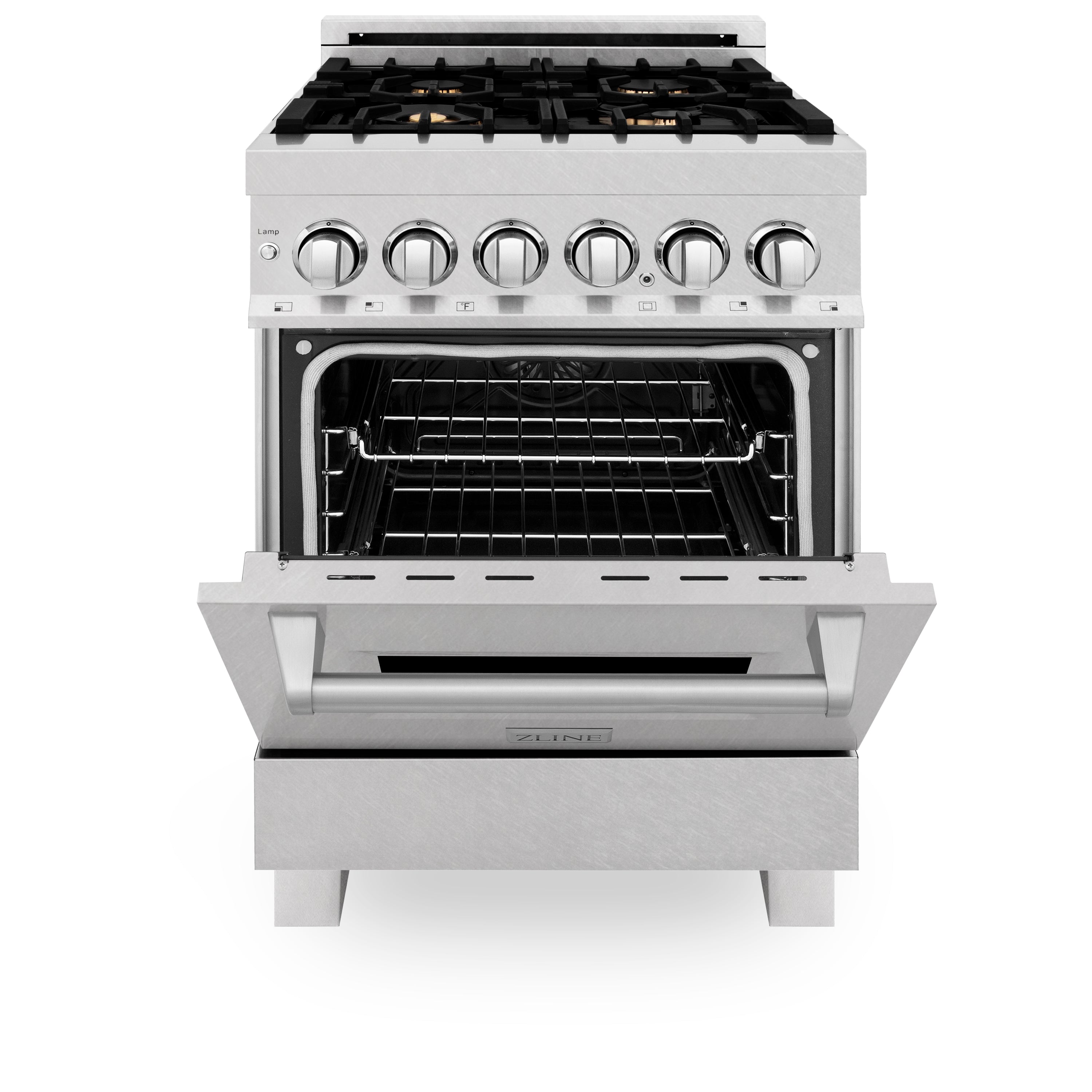ZLINE 24 in. 2.8 cu. ft. Legacy Dual Fuel Range with Gas Cooktop and Electric Convection Oven in Satin Stainless Steel with 4 Brass Burners (RAS-SN-BR-24)