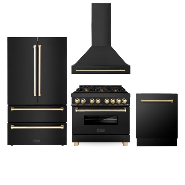 ZLINE 36" Appliance Package - Autograph Edition - Black Stainless Steel Dual Fuel Range, Range Hood, Dishwasher and Refrigeration with Gold Accents (4AKPR-RABRHDWV36-G)
