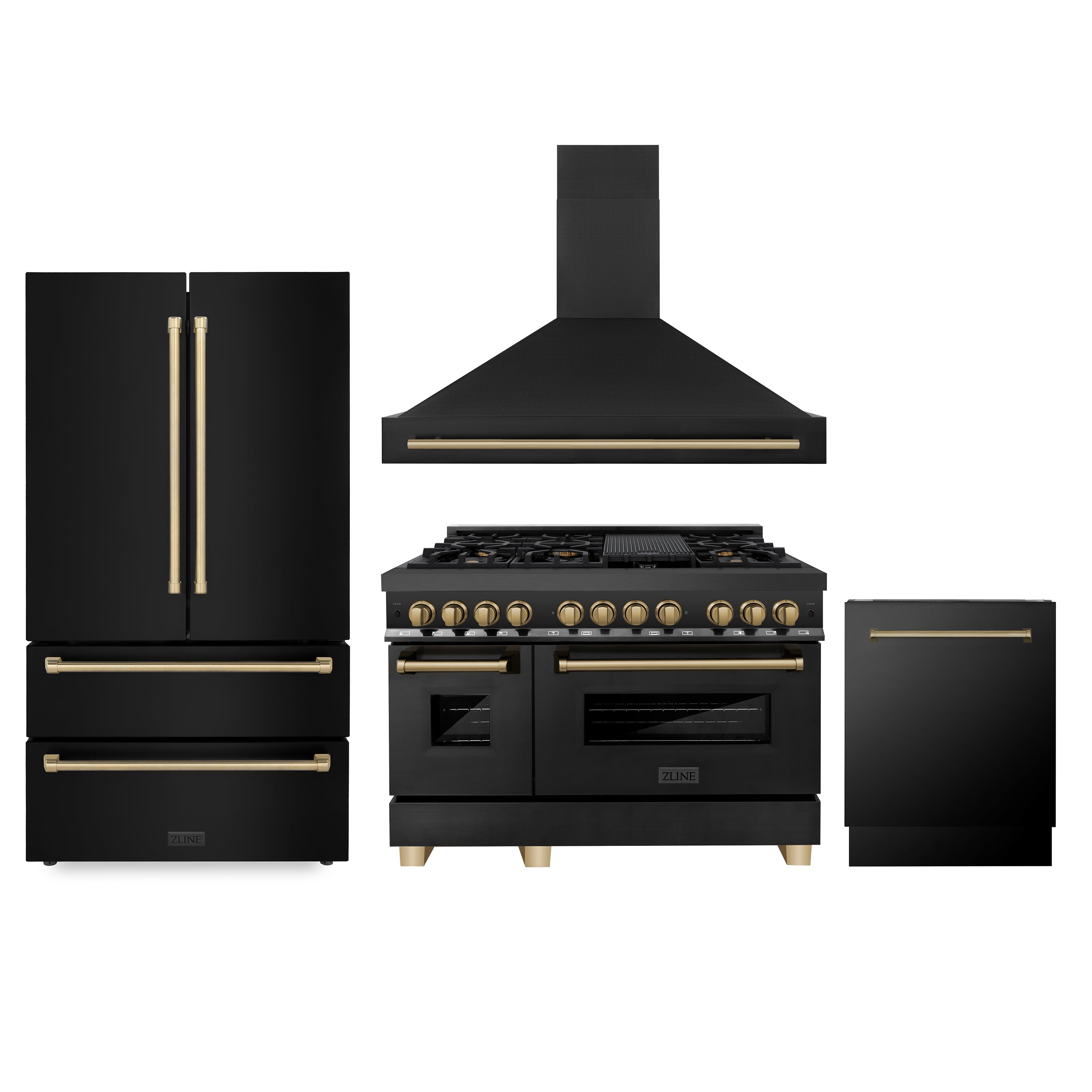 ZLINE 48" Appliance Package - Autograph Edition - Black Stainless Steel Dual Fuel Range, Range Hood, Dishwasher and Refrigeration with Champagne Bronze Accents (4AKPR-RABRHDWV48-CB)