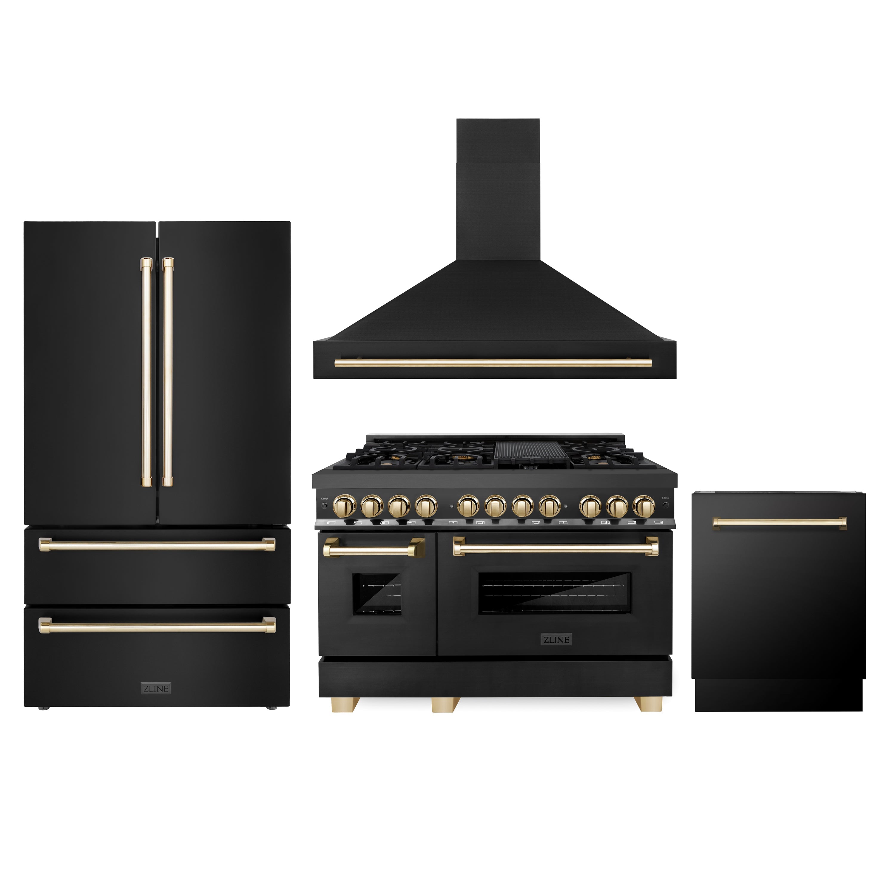 ZLINE 48" Appliance Package - Autograph Edition - Black Stainless Steel Dual Fuel Range, Range Hood, Dishwasher and Refrigeration with Gold Accents (4AKPR-RABRHDWV48-G)