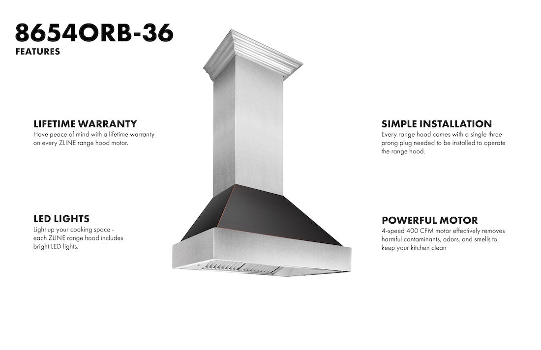 ZLINE Ducted DuraSnow® Stainless Steel Range Hood with Oil Rubbed Bronze Shell (8654ORB)