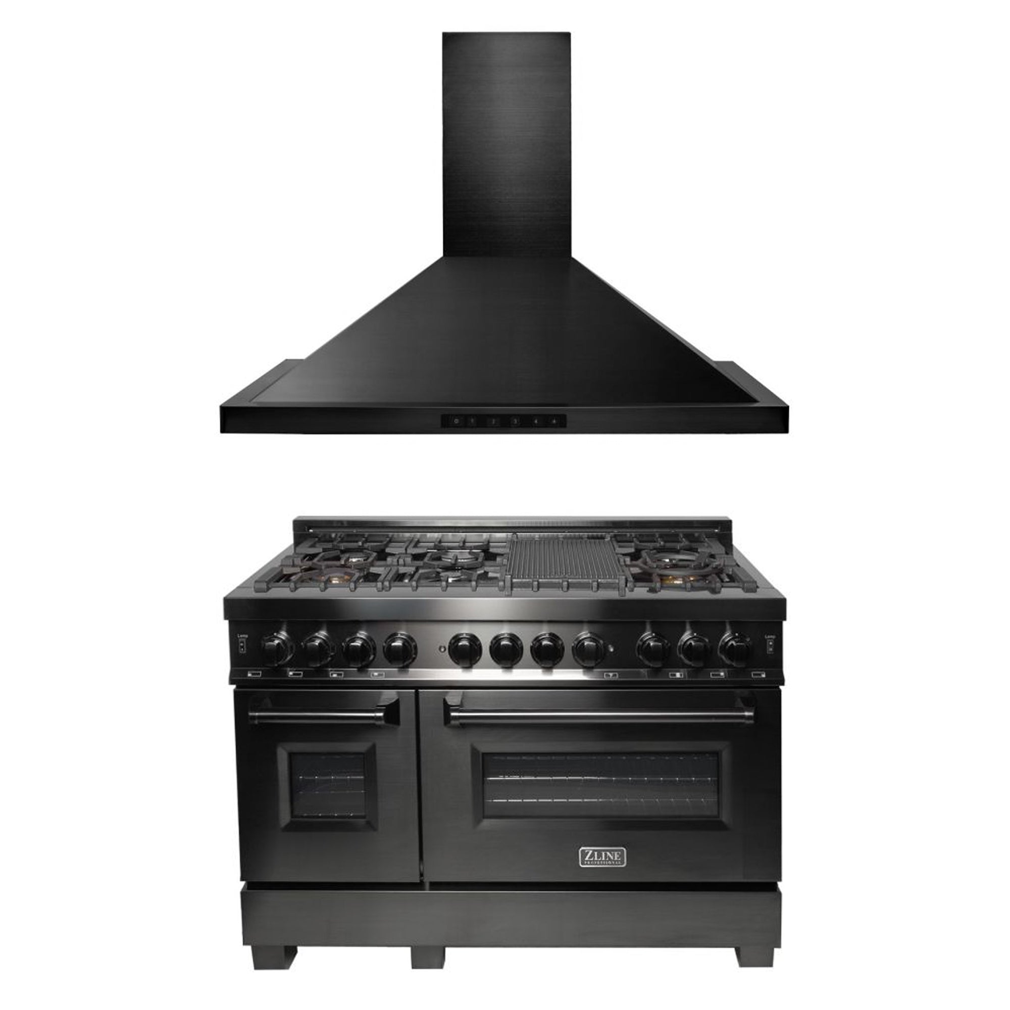 ZLINE 2 Piece Kitchen Appliance Package -48" Black Stainless Steel Dual Fuel Range and Convertible Vent Range Hood (2KP-RABRH48)