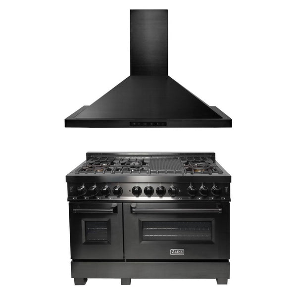 ZLINE 2 Piece Kitchen Appliance Package -48" Black Stainless Steel Dual Fuel Range and Convertible Vent Range Hood (2KP-RABRH48)